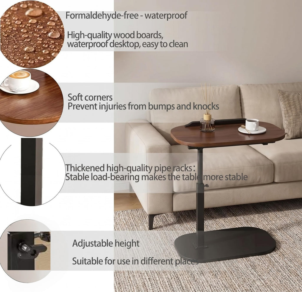 Asoricing C-Shaped Sofa Table, Swivel Side Table, Height Adjustable Couch Table for Bed & Living Room, Walnut & Black