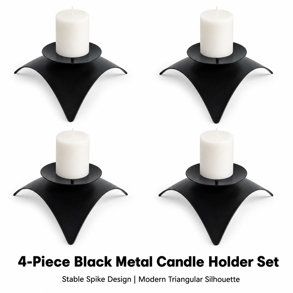 Asoricing Black Metal Candle, Decorative Iron Pillar Candle Stand for Table Centerpiece, Wedding Party & Home Decor, Modern Round Tray Base with Spike for Taper & Tealight Candles, 4 Pack
