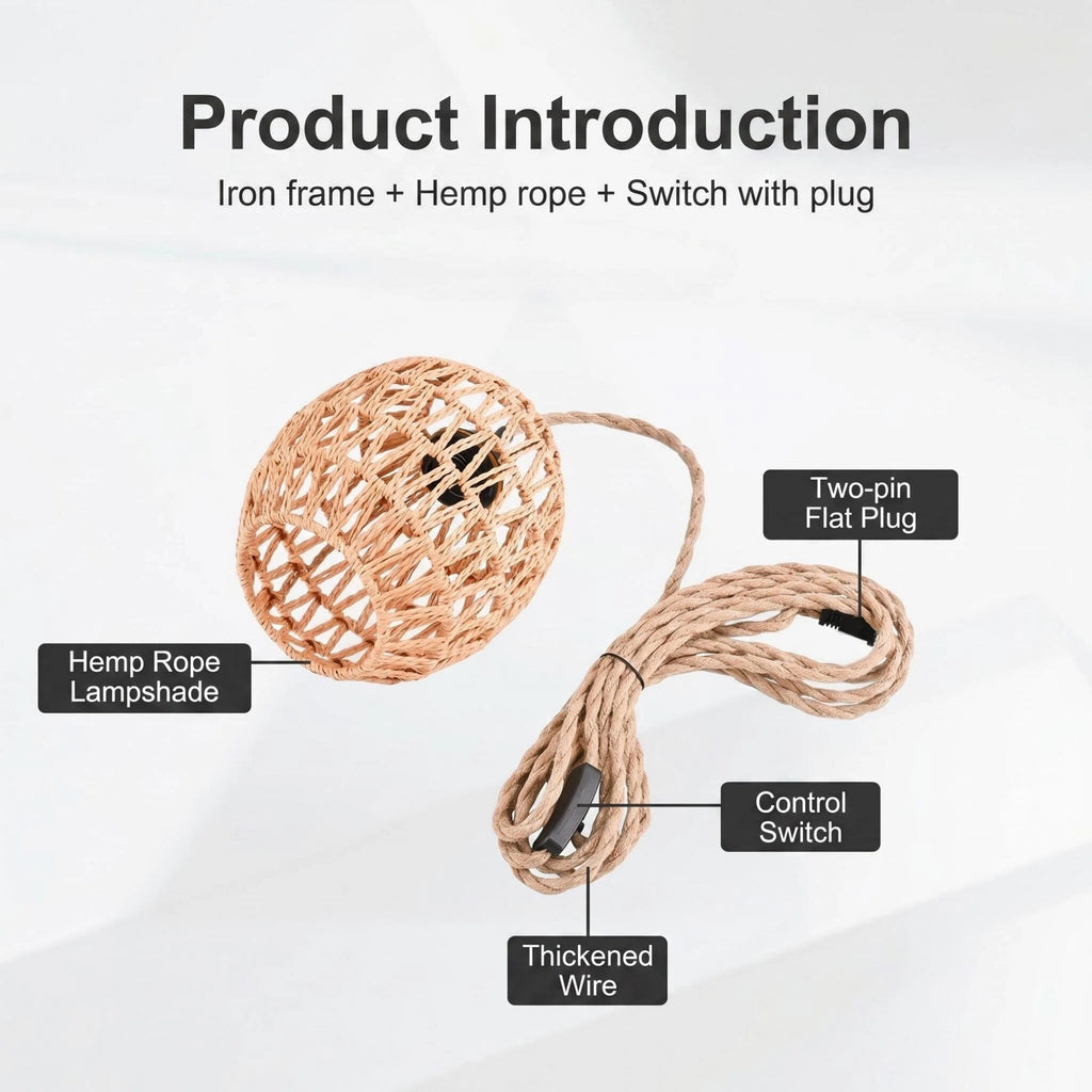 Asoricing Hanging Light Fixture Plug in, Hand Woven Rope Pendant Light for Kitchen Island, Cafe, Dining Room, Hallway, Retro Linen Hanging Lamp Kit with Plug-in Cord