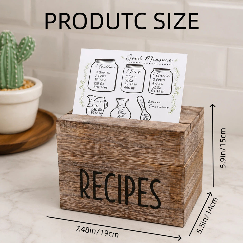 Asoricing Wood Recipe Box with 50 Recipe Cards, Rustic Wooden Recipe Box with Dividers and Conversion Card, Kitchen Counter Organizer