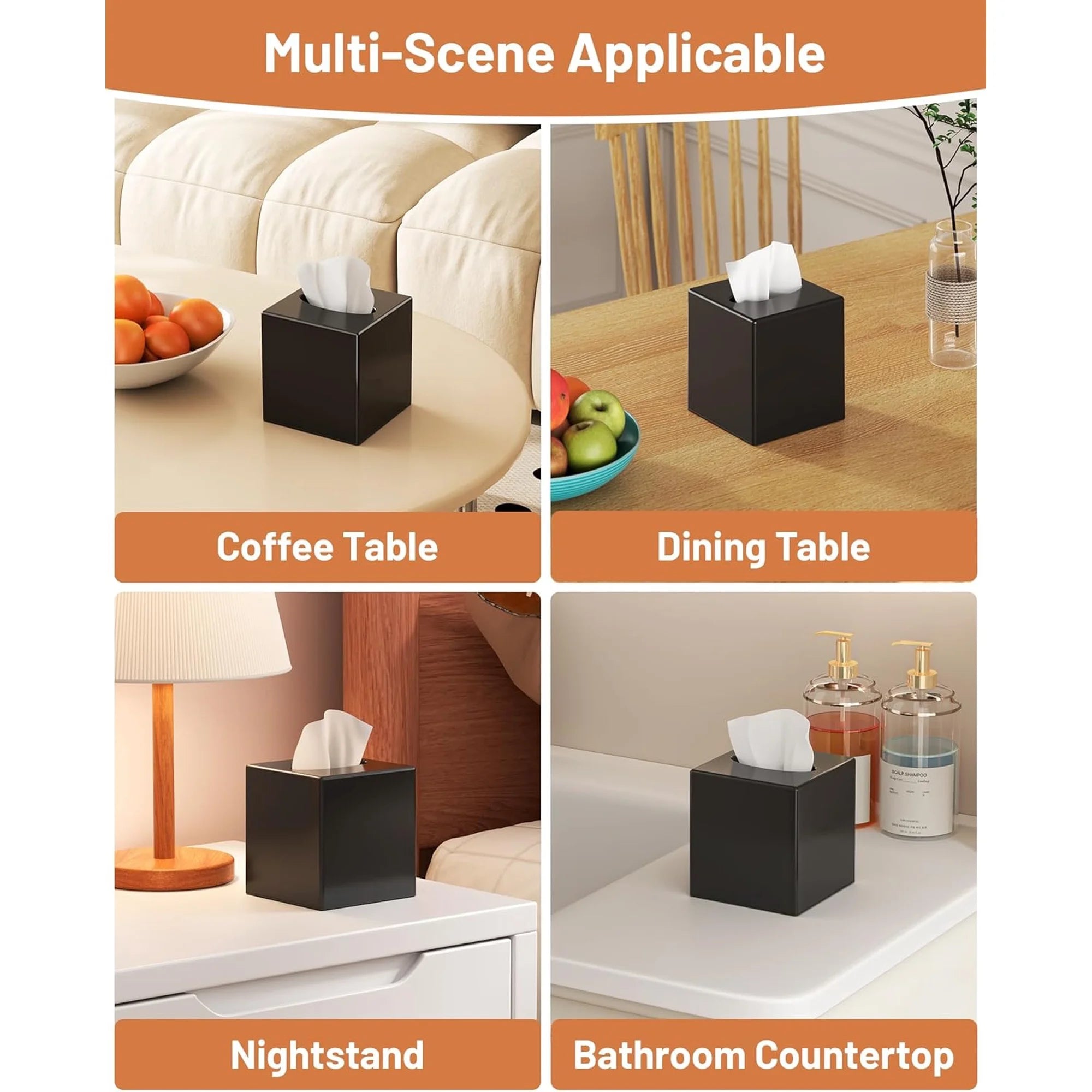 Asoricing Tissue Box Cover, Square Plastic Tissue Box Holder with Anti Slip Base, Modern Decor Facial Napkin Holder for Bathroom Vanity Countertop, Bedroom Dresser, Black