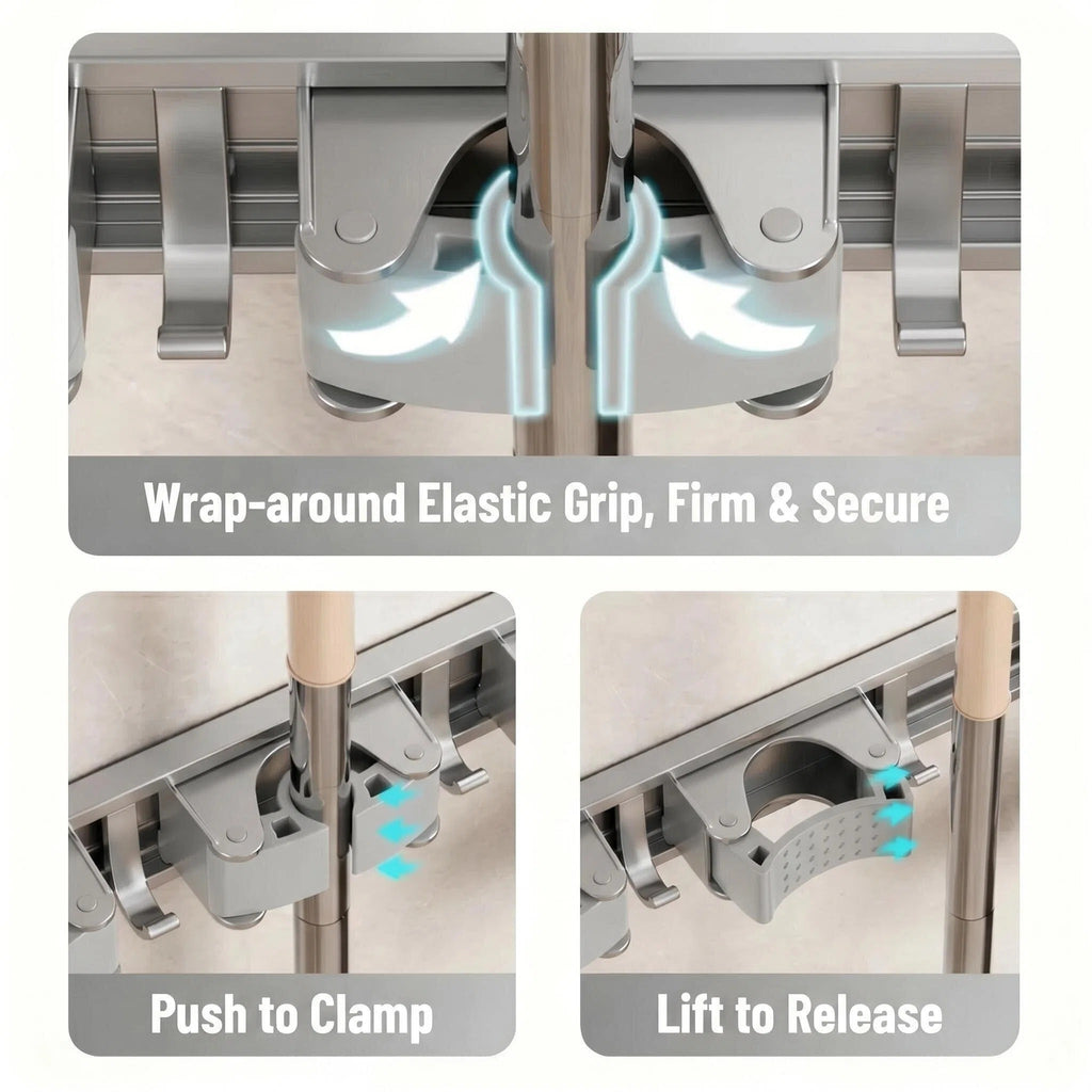 Asoricing Broom Hanger Wall Mount, Broom and Mop Organizer Wall Hanging, No Drilling Installation, Silicone Anti Slip, Space Aluminum Material, Silver