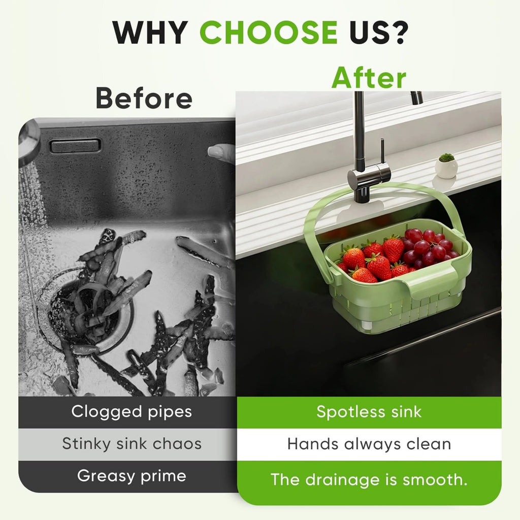 Asoricing Foldable Over-the-Sink Drain Basket, Extendable Hanging Colander Strainer for Kitchen Sink, Food Scrap Catcher & Fruit/Vegetable Rinse Basket, Space-Saving Green Drying Rack