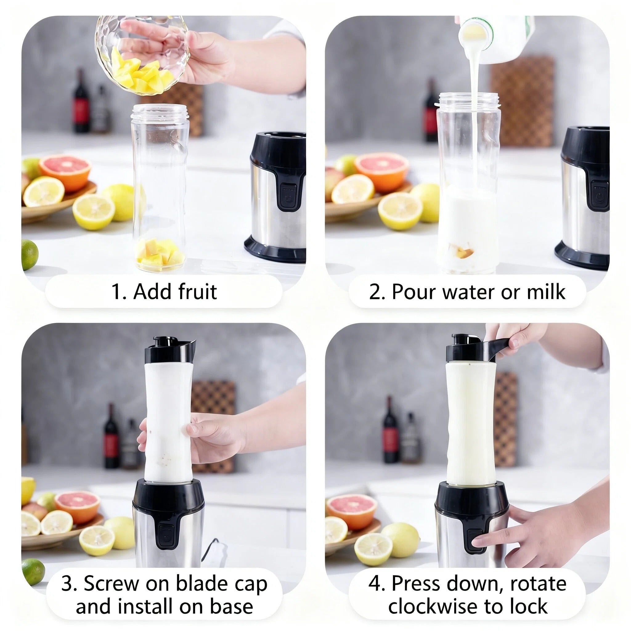 Asoricing Portable Blender, 600ML Personal Smoothie Blender Cup, 4-Blade 3D Stainless Steel Blades, Double-Layer Design, 22000 RPM High-Speed, 110V–240V, Black