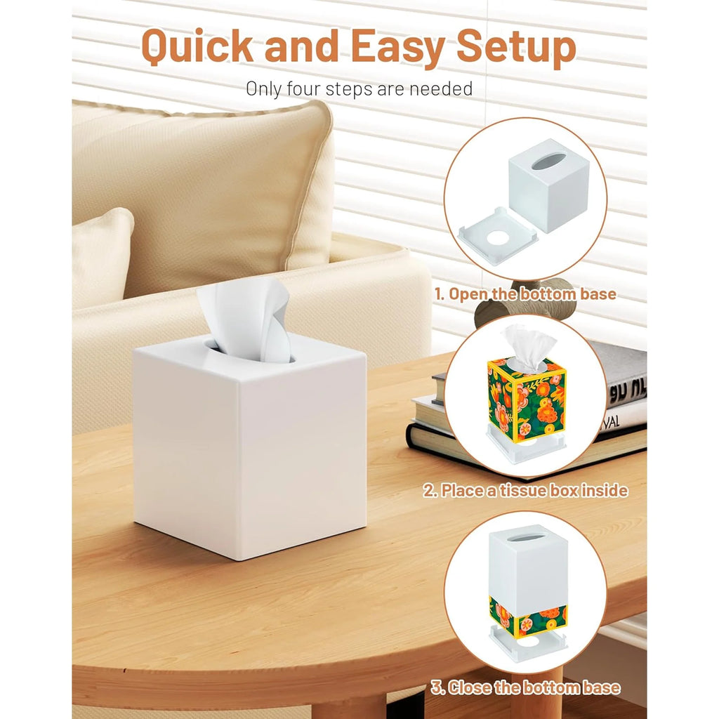 Asoricing Tissue Box Cover, Square Plastic Tissue Box Holder with Anti Slip Base, Modern Decor Facial Napkin Holder for Bathroom Vanity Countertop, Bedroom Dresser, White