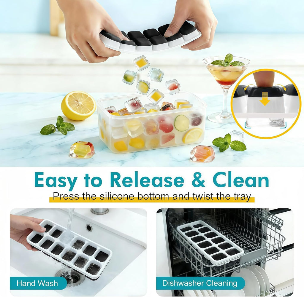Asoricing Ice Cube Tray with Lid and Bin, 4 Pack Ice Trays for Freezer, Stackable Ice Bucket Kits with Storage Container for Kitchen, RV, Cocktail, Coffee (Black)