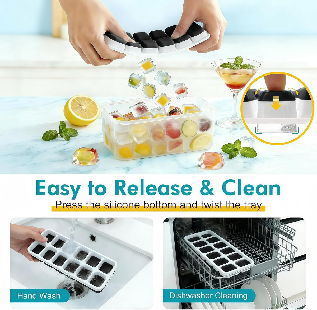 Asoricing Ice Cube Tray with Lid and Bin, 4 Pack Ice Trays for Freezer, Stackable Ice Bucket Kits with Storage Container for Kitchen, RV, Cocktail, Coffee (Black)