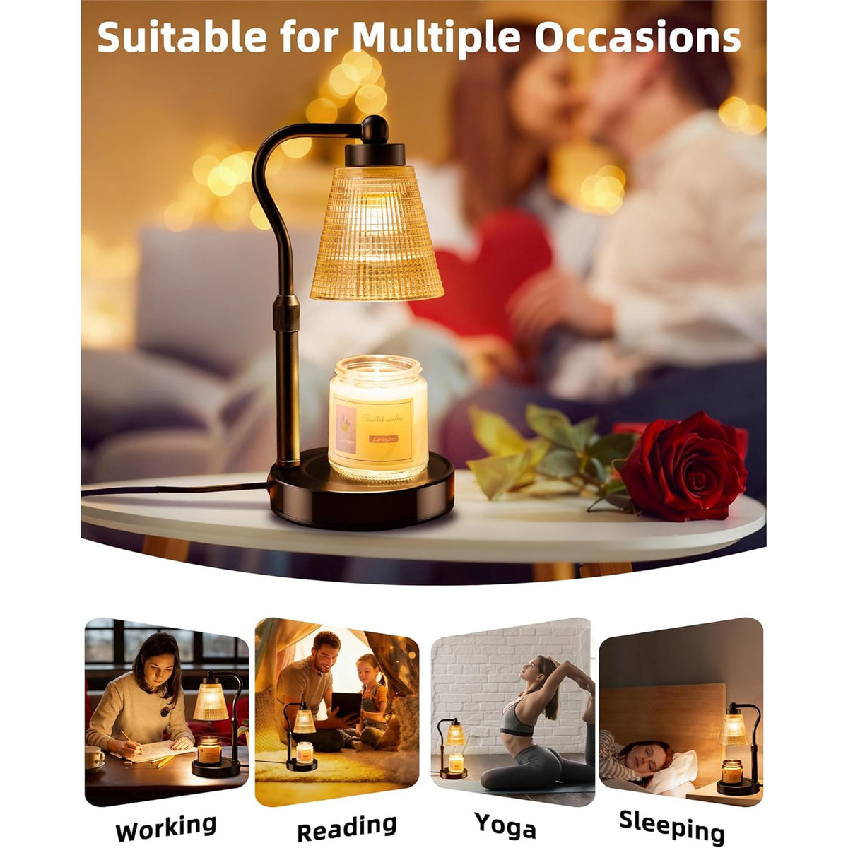 Asoricing Candle Warmer Lamp, Height Adjustable & Dimmable with 2/4/8H Timer, 2*50W Halogen Wax Melter Warmer for Home Office Décor, Flameless & Smokeless, Gift for Women Mom, Black-Amber
