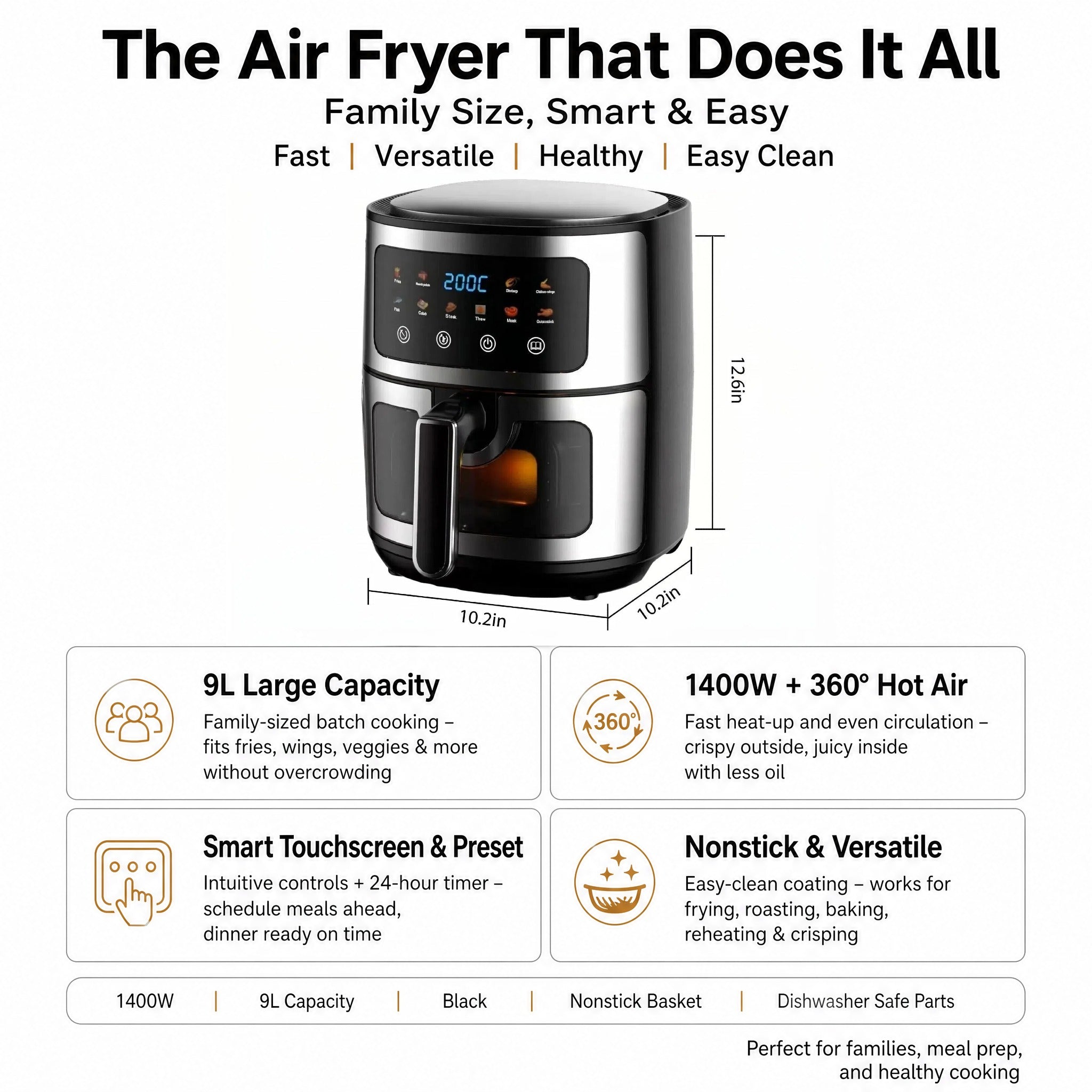 Asoricing Air Fryer, Compact Airfryer for Quick & Easy Meals in Minutes, Touchscreen Controls, Nonstick, 1500W, 9L, Black