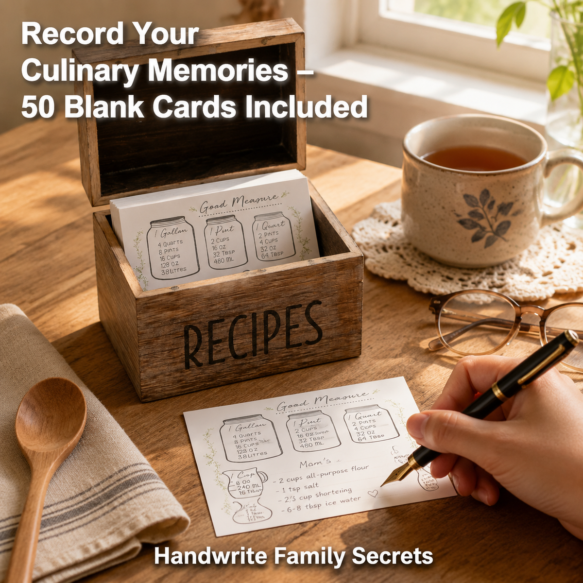 Asoricing Wood Recipe Box with 50 Recipe Cards, Rustic Wooden Recipe Box with Dividers and Conversion Card, Kitchen Counter Organizer