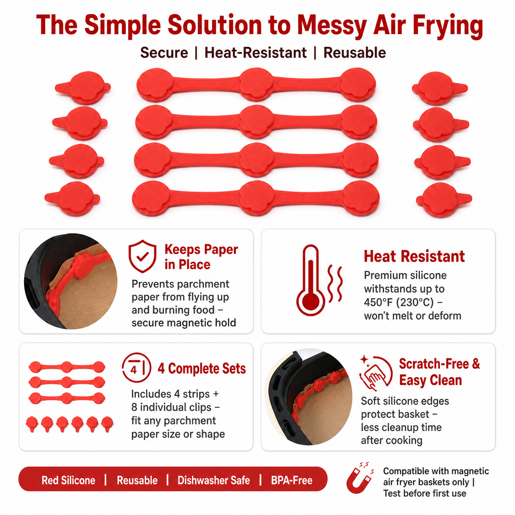 Asoricing Air Fryer Magnets for Parchment Paper, Silicone Clips, Heat Resistant Magnetic Fasteners, Red, 4 Sets