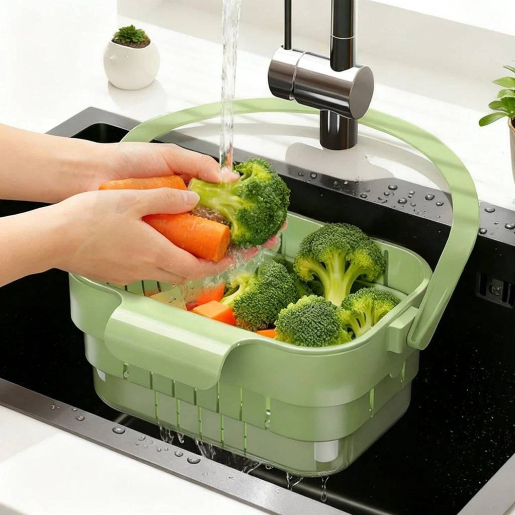 Asoricing Foldable Over-the-Sink Drain Basket, Extendable Hanging Colander Strainer for Kitchen Sink, Food Scrap Catcher & Fruit/Vegetable Rinse Basket, Space-Saving Green Drying Rack