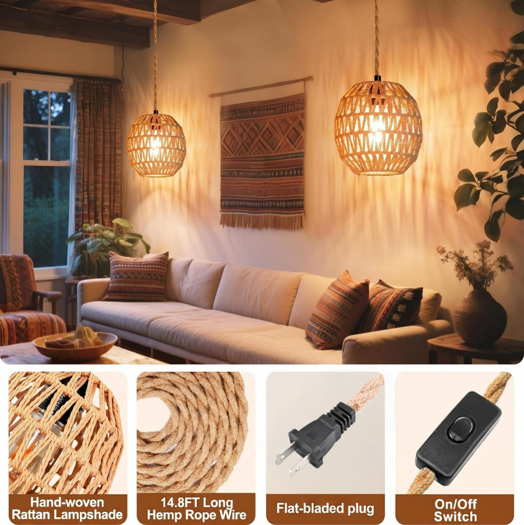 Asoricing Hanging Light Fixture Plug in, Hand Woven Rope Pendant Light for Kitchen Island, Cafe, Dining Room, Hallway, Retro Linen Hanging Lamp Kit with Plug-in Cord