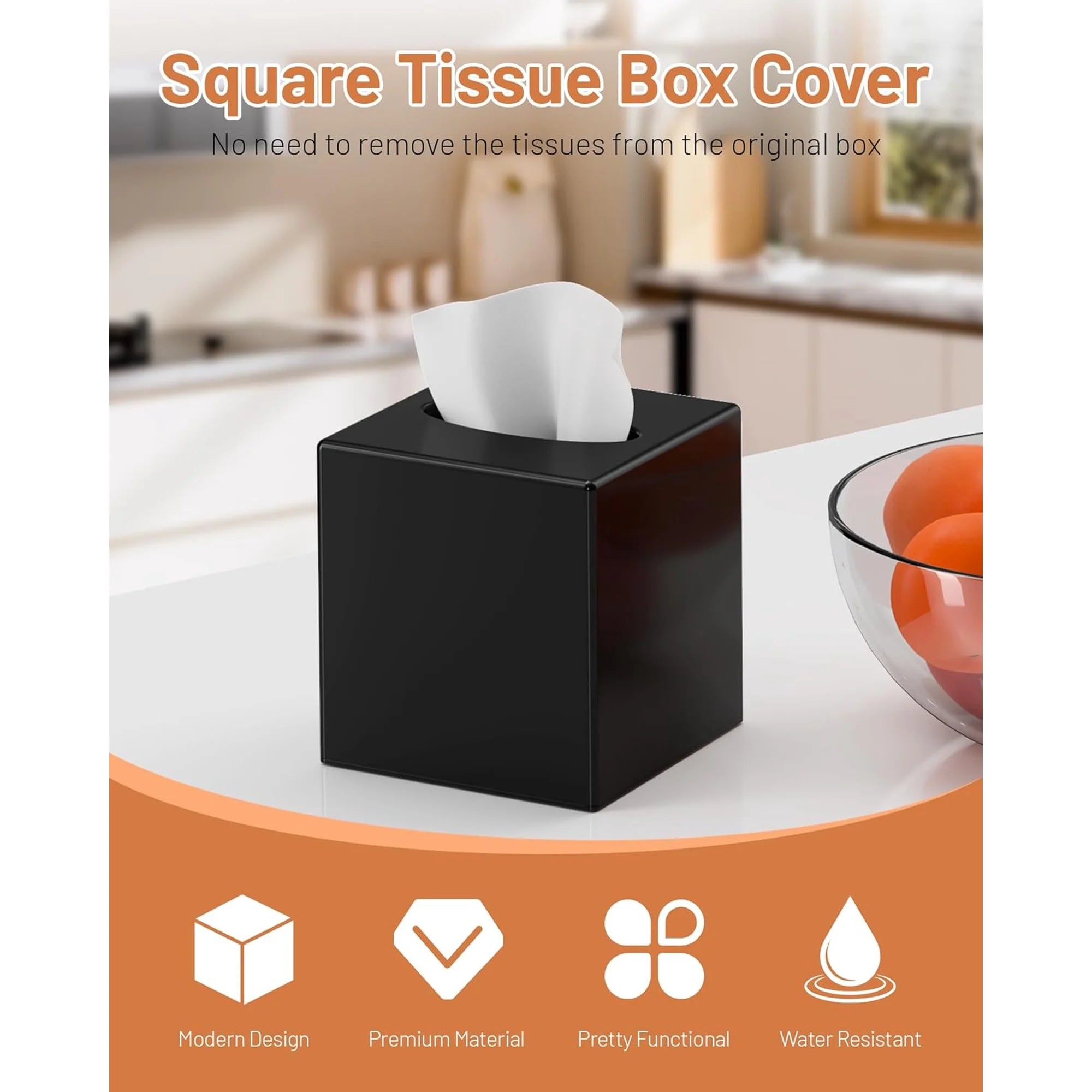 Asoricing Tissue Box Cover, Square Plastic Tissue Box Holder with Anti Slip Base, Modern Decor Facial Napkin Holder for Bathroom Vanity Countertop, Bedroom Dresser, Black
