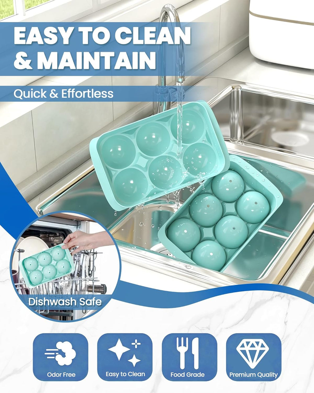 Asoricing Ice Cube Tray, Large Whiskey Ice Cube Molds, 1.93’’ Round Ice Cube Trays Set, Easy to Fill & Release with Storage Bin and Ice Tong for Whiskey Lover, 2 Pack, Mint