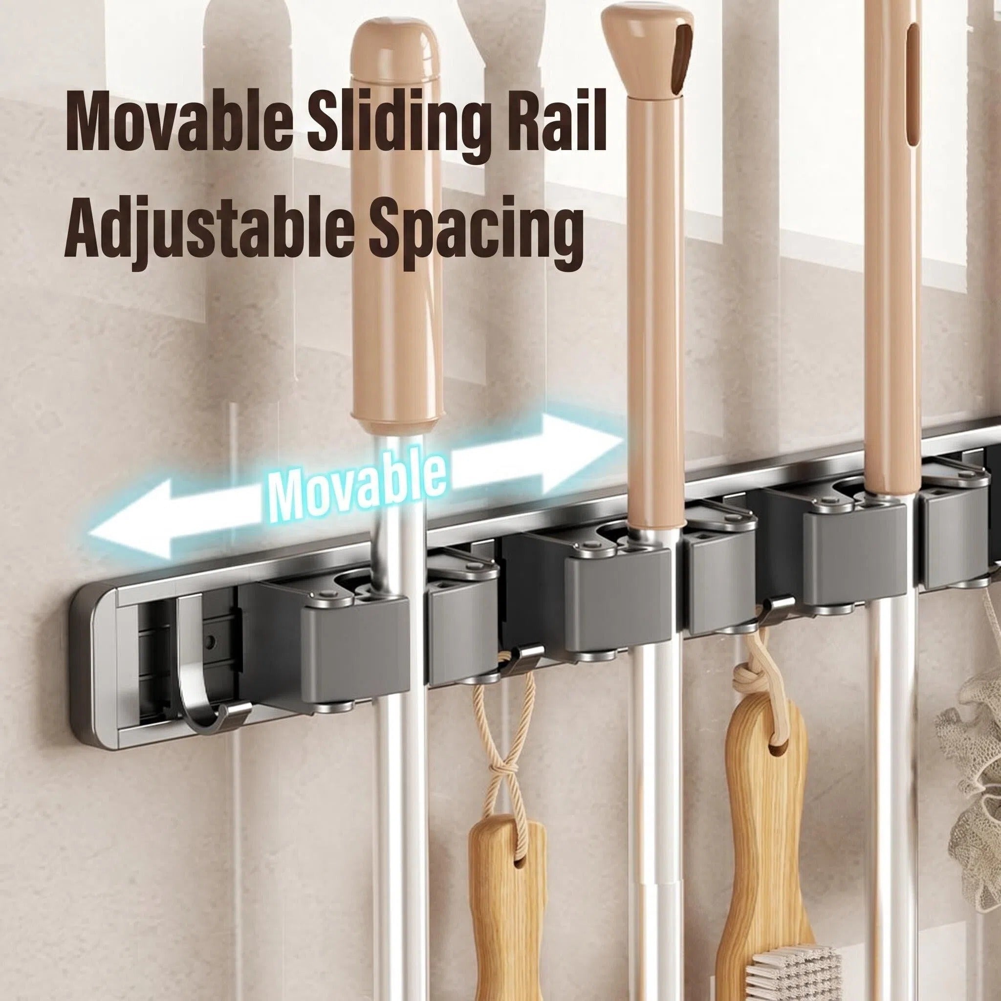 Asoricing Broom Holder Wall Mount, Broom and Mop Organizer Wall Hanging, No Drilling Installation, Silicone Anti Slip, Space Aluminum, Gunmetal Gray