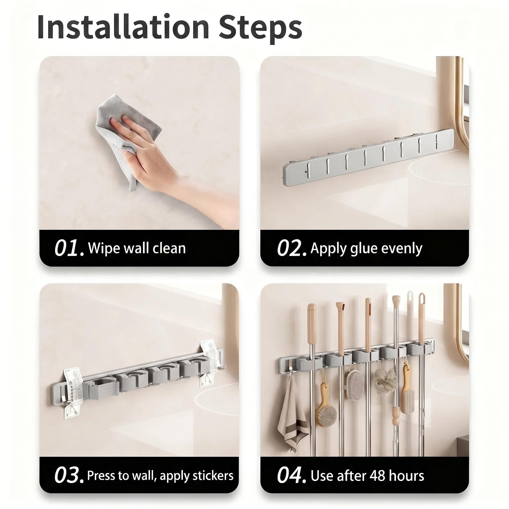 Asoricing Broom Hanger Wall Mount, Broom and Mop Organizer Wall Hanging, No Drilling Installation, Silicone Anti Slip, Space Aluminum Material, Silver