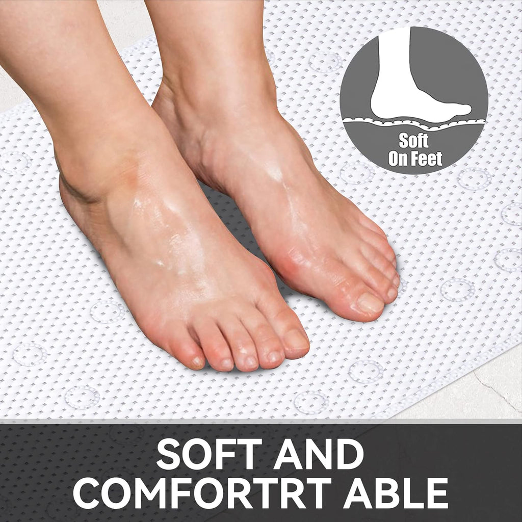Non Slip Shower Mat, 27.56x15.75 Inch Bathtub Mat Strong Suction Cups Aesthetic Bath Mat for Inside Shower with Soft Texture, Quick-Dry Drain Holes, White