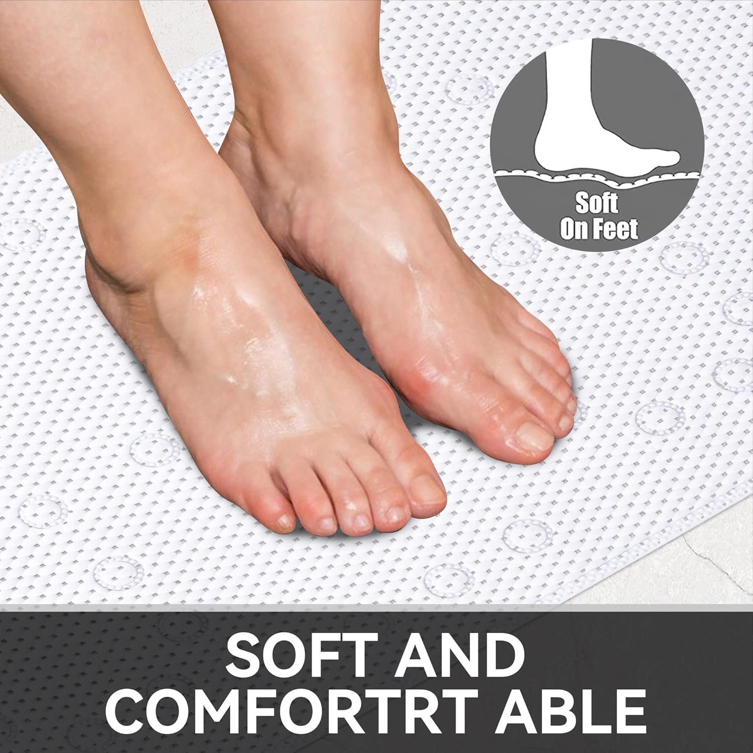 Non Slip Shower Mat, 27.56x15.75 Inch Bathtub Mat Strong Suction Cups Aesthetic Bath Mat for Inside Shower with Soft Texture, Quick-Dry Drain Holes, White