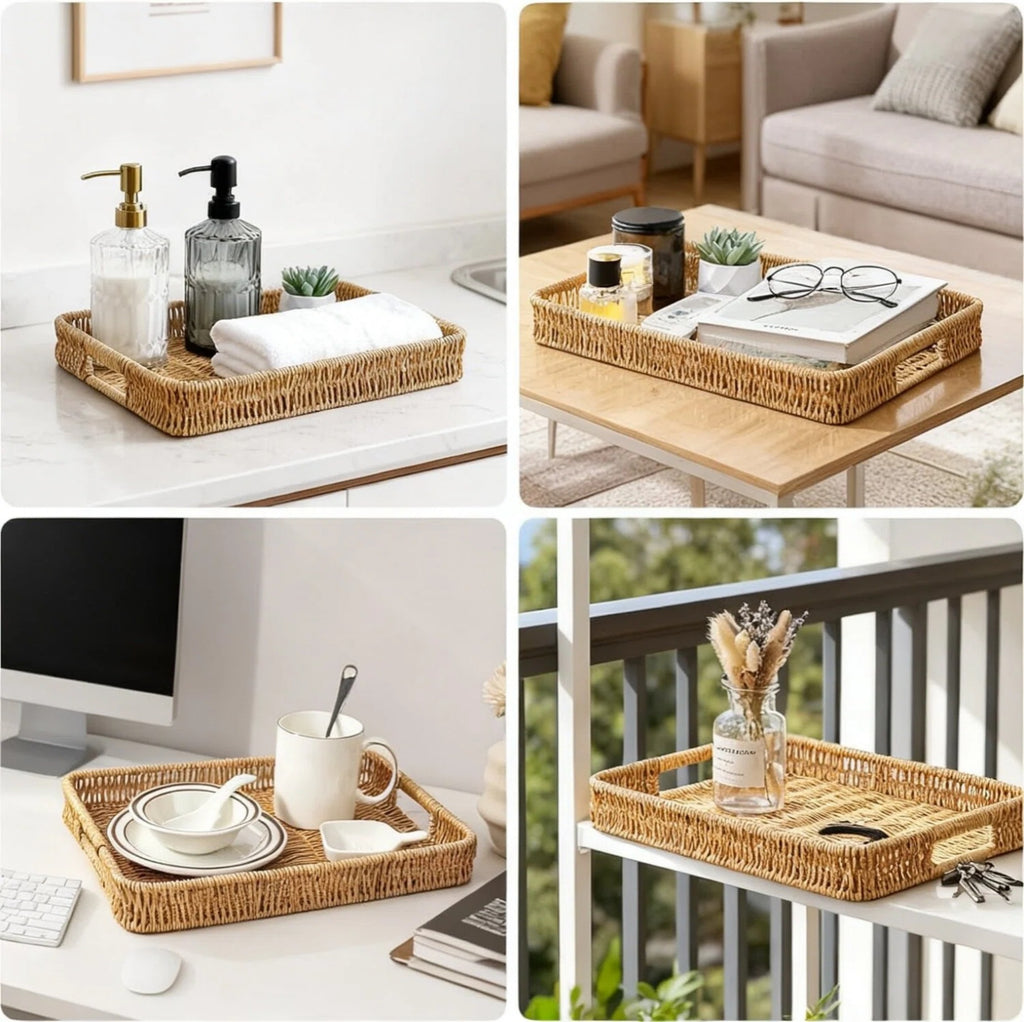 Asoricing 3-Piece Wicker Serving Trays with Handles, Rectangular Rattan Storage Baskets Set for Fruit, Bread, Snacks and Home Decor, Large to Small