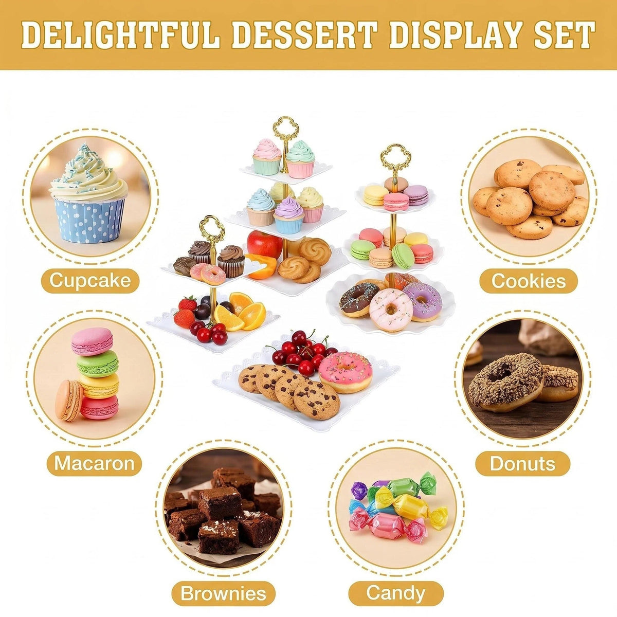 Asoricing Cake Stand, Cupcake Stand, Dessert Table Display Set, Peach Edged White, 2 Triple Layers, 2 Double Layers, 2 Square Plates