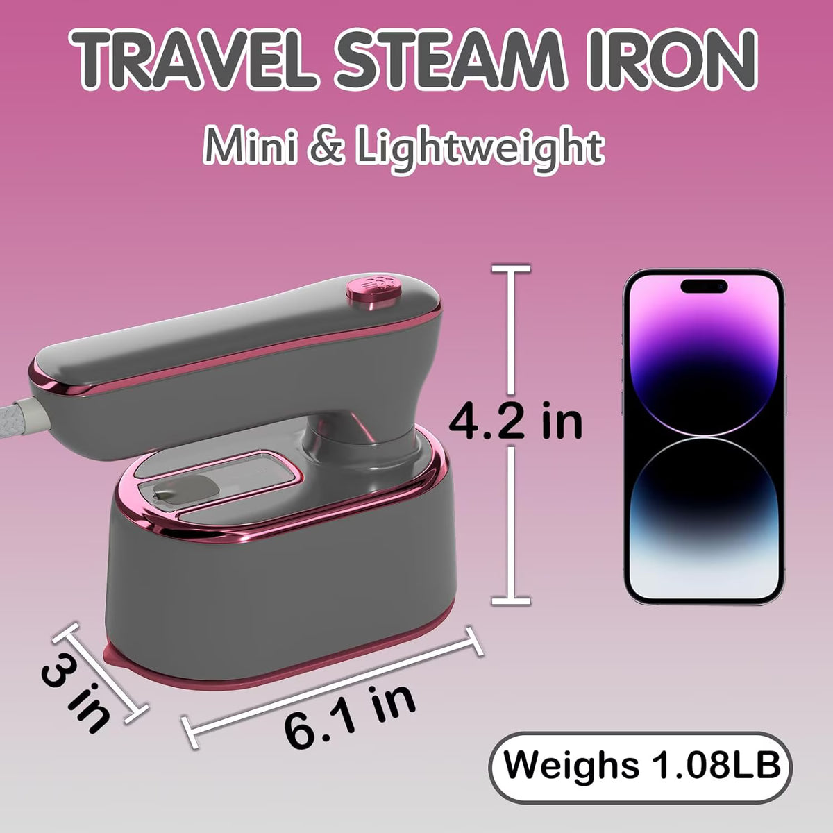Asoricing Travel Steamer Iron for Clothes - Portable Ironing Machine Travel Small Size - Gray&Pink