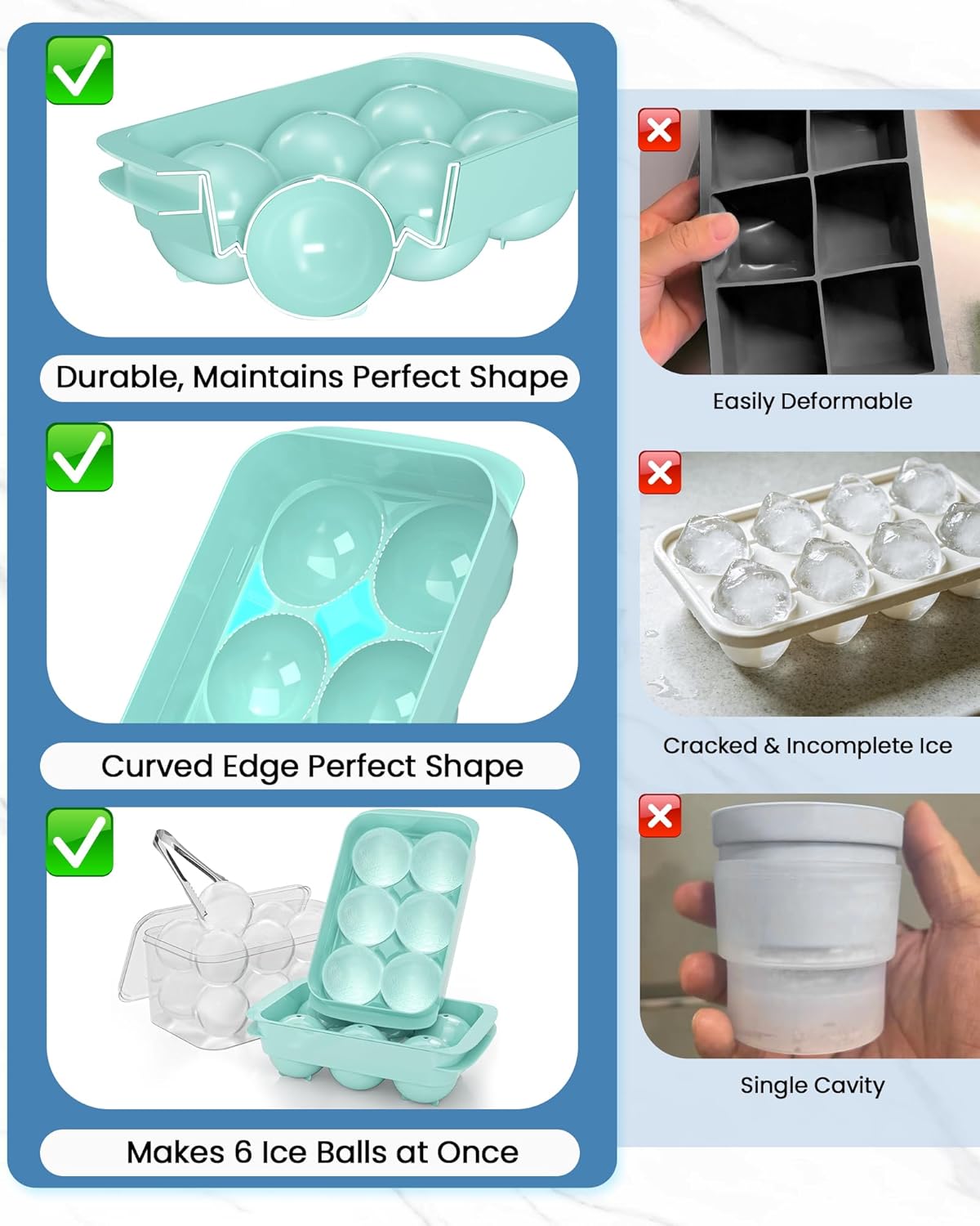 Asoricing Ice Cube Tray, Large Whiskey Ice Cube Molds, 1.93’’ Round Ice Cube Trays Set, Easy to Fill & Release with Storage Bin and Ice Tong for Whiskey Lover, 2 Pack, Mint