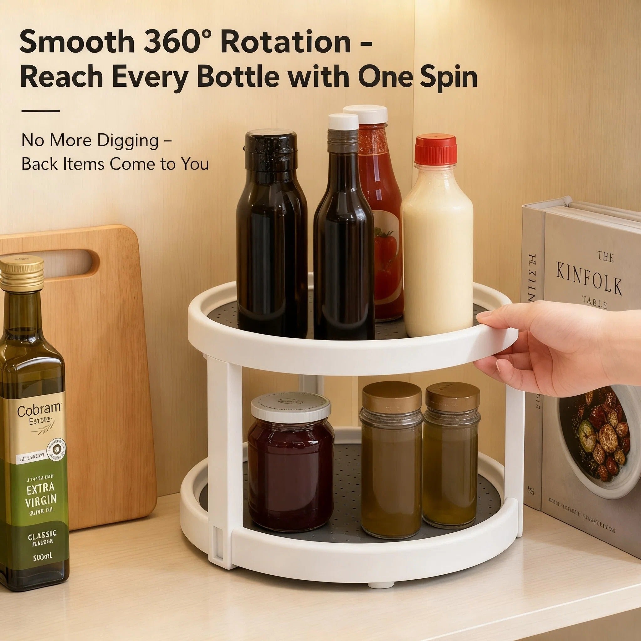 Asoricing 2-Tier Rotating Lazy Susan Turntable Organizer, Non-Slip Round Spinner Tray for Spices & Condiments, Plastic Kitchen Cabinet & Pantry Organizer for Countertop, Fridge & Bathroom