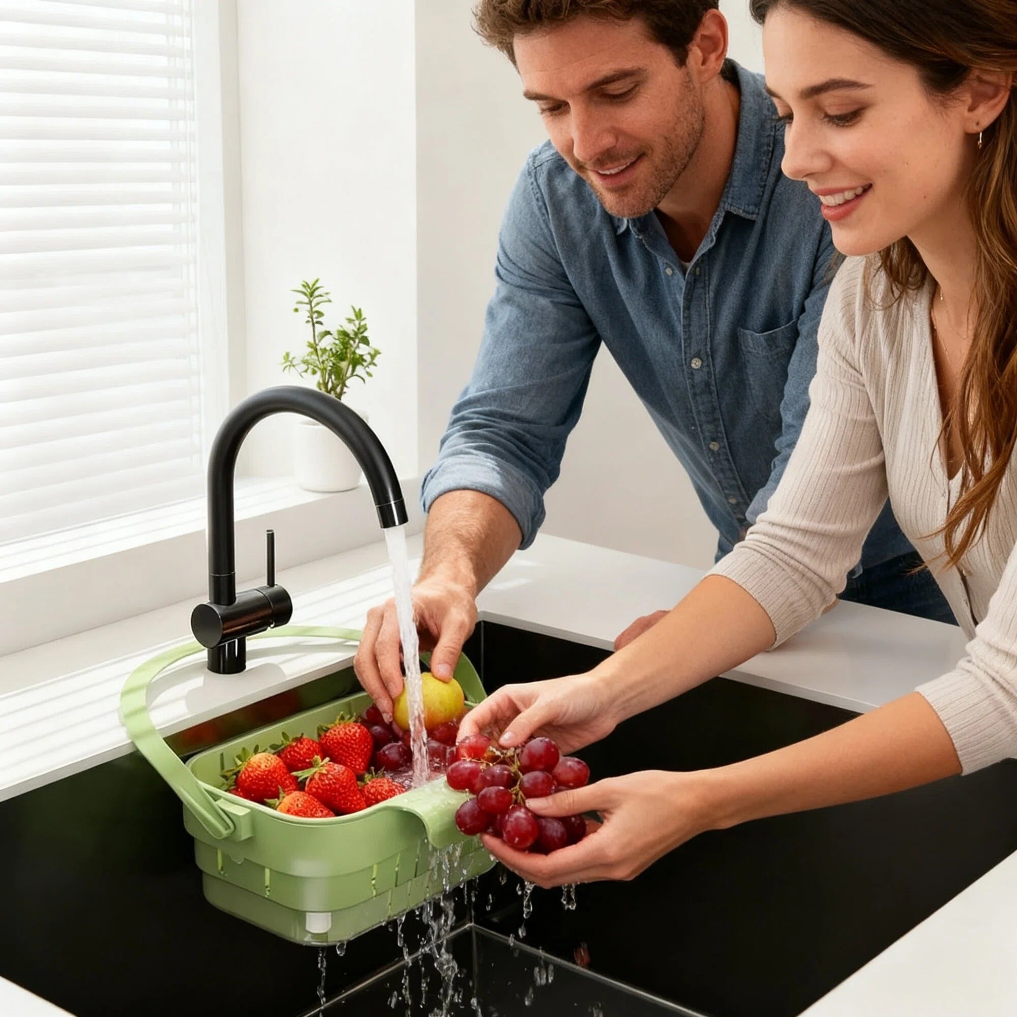 Asoricing Foldable Over-the-Sink Drain Basket, Extendable Hanging Colander Strainer for Kitchen Sink, Food Scrap Catcher & Fruit/Vegetable Rinse Basket, Space-Saving Green Drying Rack