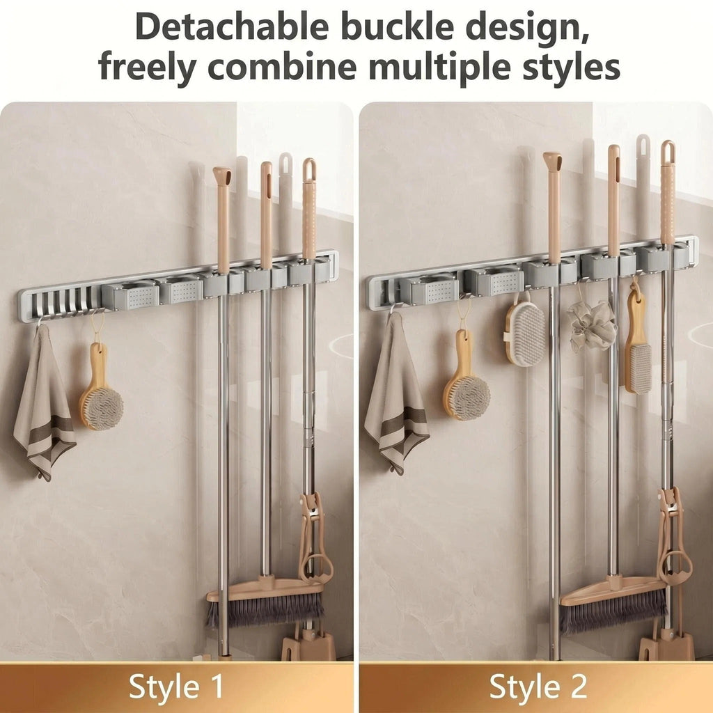 Asoricing Broom Hanger Wall Mount, Broom and Mop Organizer Wall Hanging, No Drilling Installation, Silicone Anti Slip, Space Aluminum Material, Silver