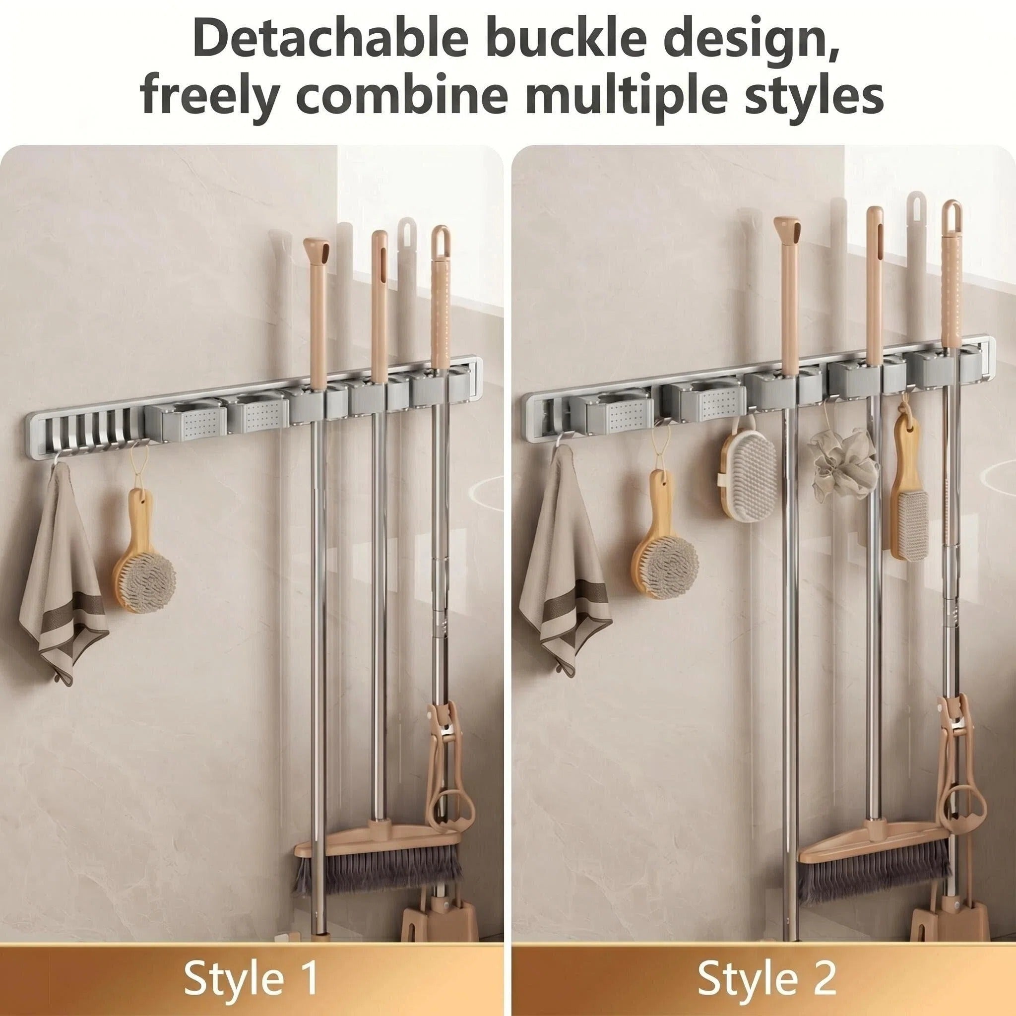 Asoricing Broom Hanger Wall Mount, Broom and Mop Organizer Wall Hanging, No Drilling Installation, Silicone Anti Slip, Space Aluminum Material, Silver