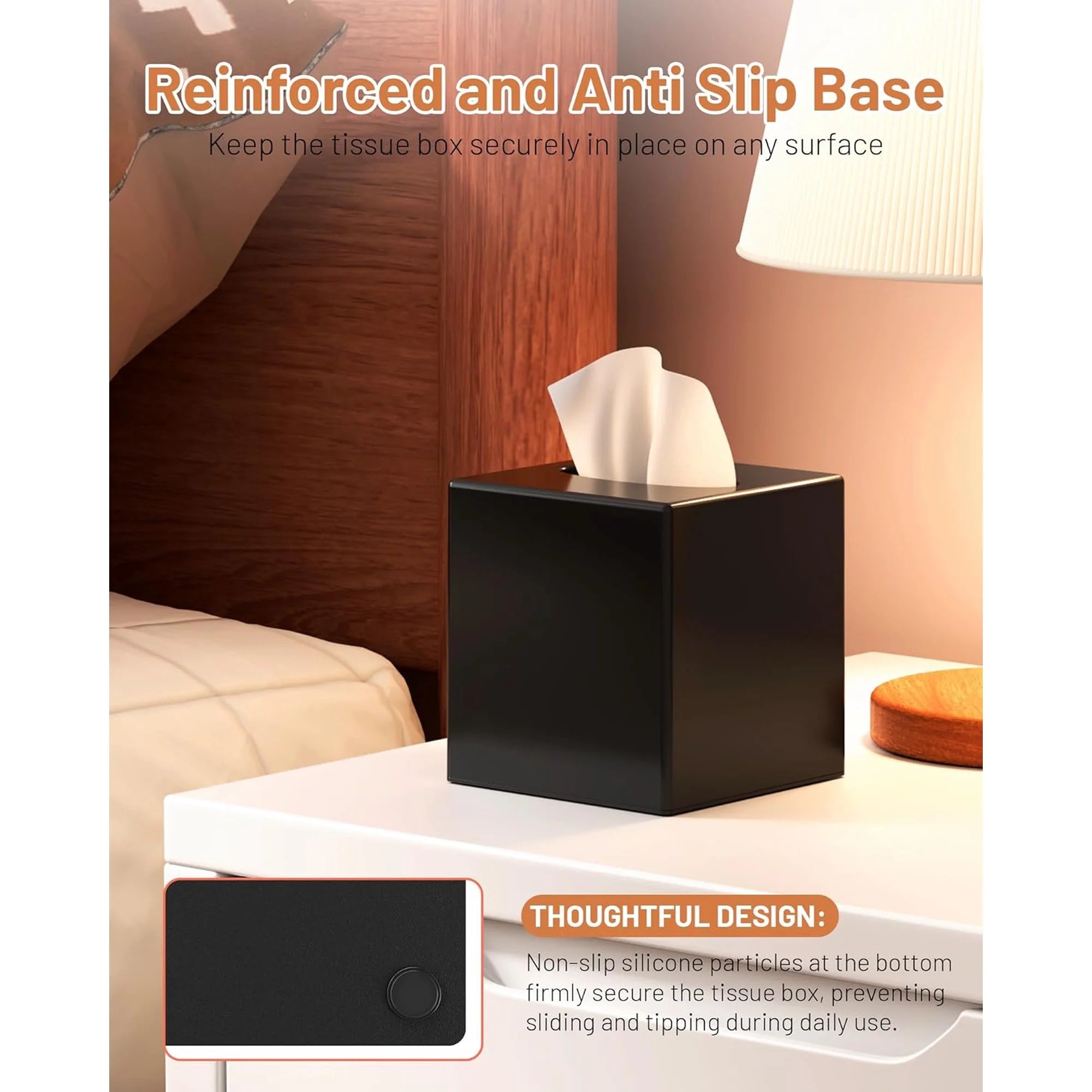 Asoricing Tissue Box Cover, Square Plastic Tissue Box Holder with Anti Slip Base, Modern Decor Facial Napkin Holder for Bathroom Vanity Countertop, Bedroom Dresser, Black