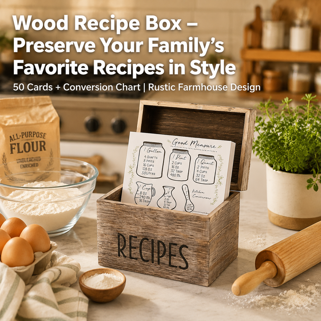 Asoricing Wood Recipe Box with 50 Recipe Cards, Rustic Wooden Recipe Box with Dividers and Conversion Card, Kitchen Counter Organizer
