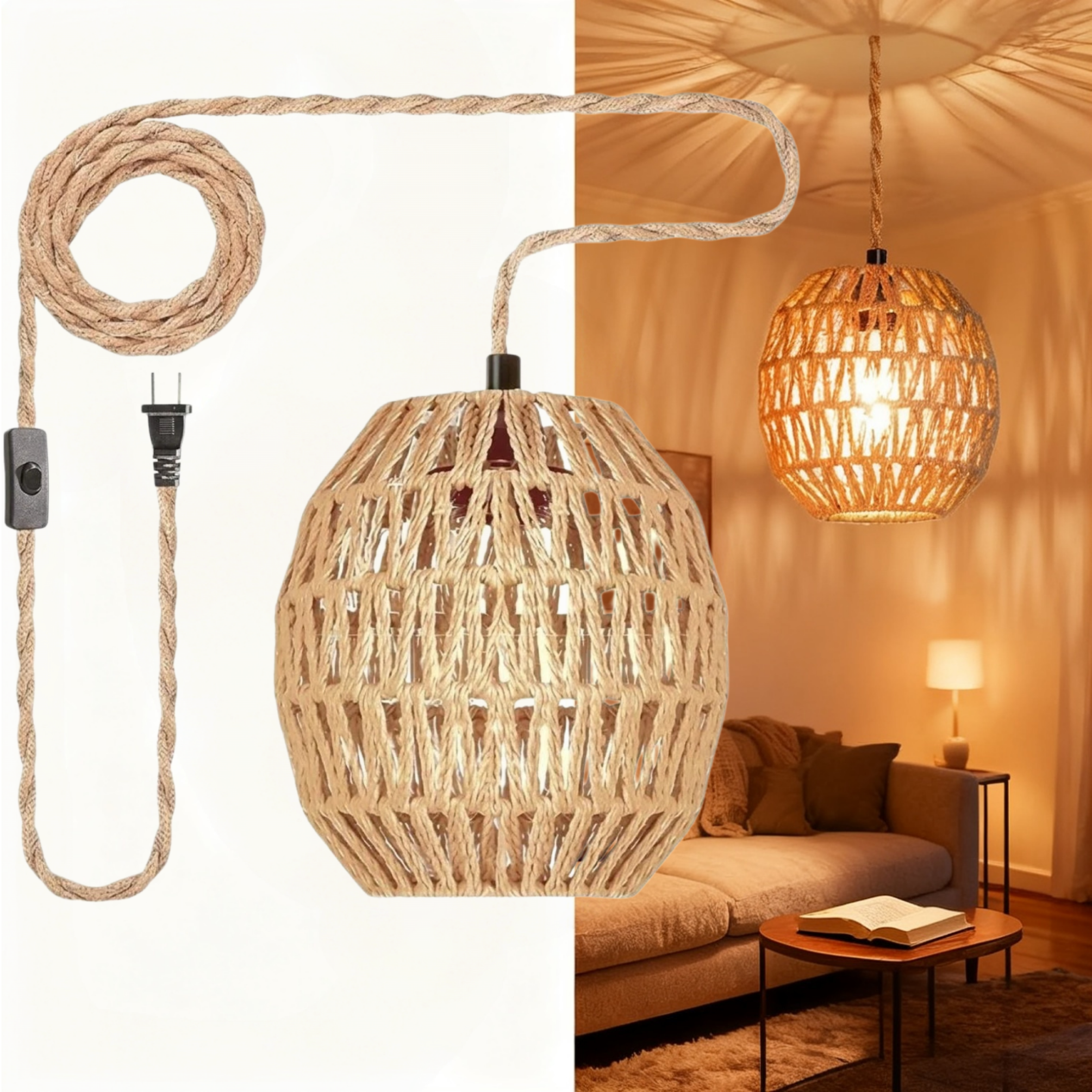 Asoricing Hanging Light Fixture Plug in, Hand Woven Rope Pendant Light for Kitchen Island, Cafe, Dining Room, Hallway, Retro Linen Hanging Lamp Kit with Plug-in Cord