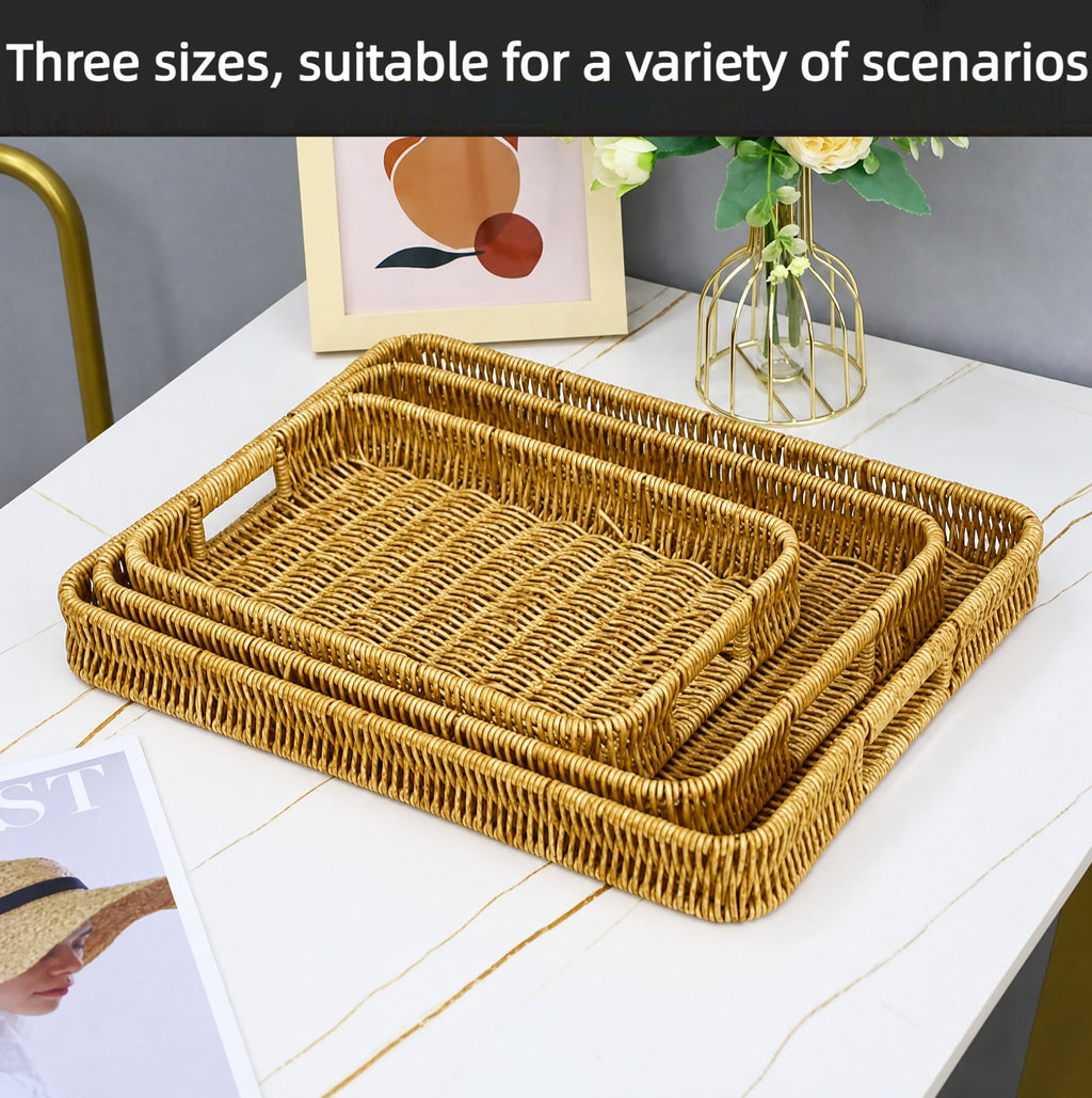 Asoricing 3-Piece Wicker Serving Trays with Handles, Rectangular Rattan Storage Baskets Set for Fruit, Bread, Snacks and Home Decor, Large to Small