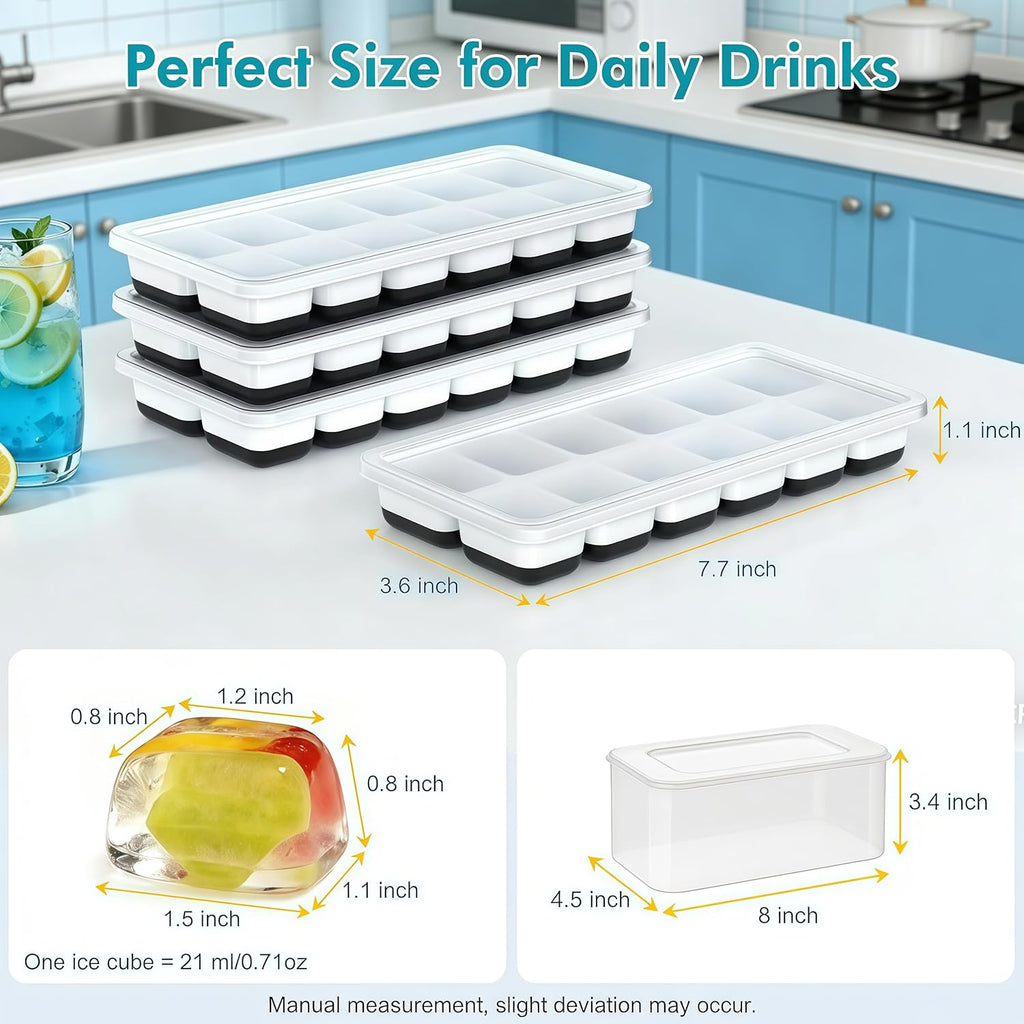 Asoricing Ice Cube Tray with Lid and Bin, 4 Pack Ice Trays for Freezer, Stackable Ice Bucket Kits with Storage Container for Kitchen, RV, Cocktail, Coffee (Black)