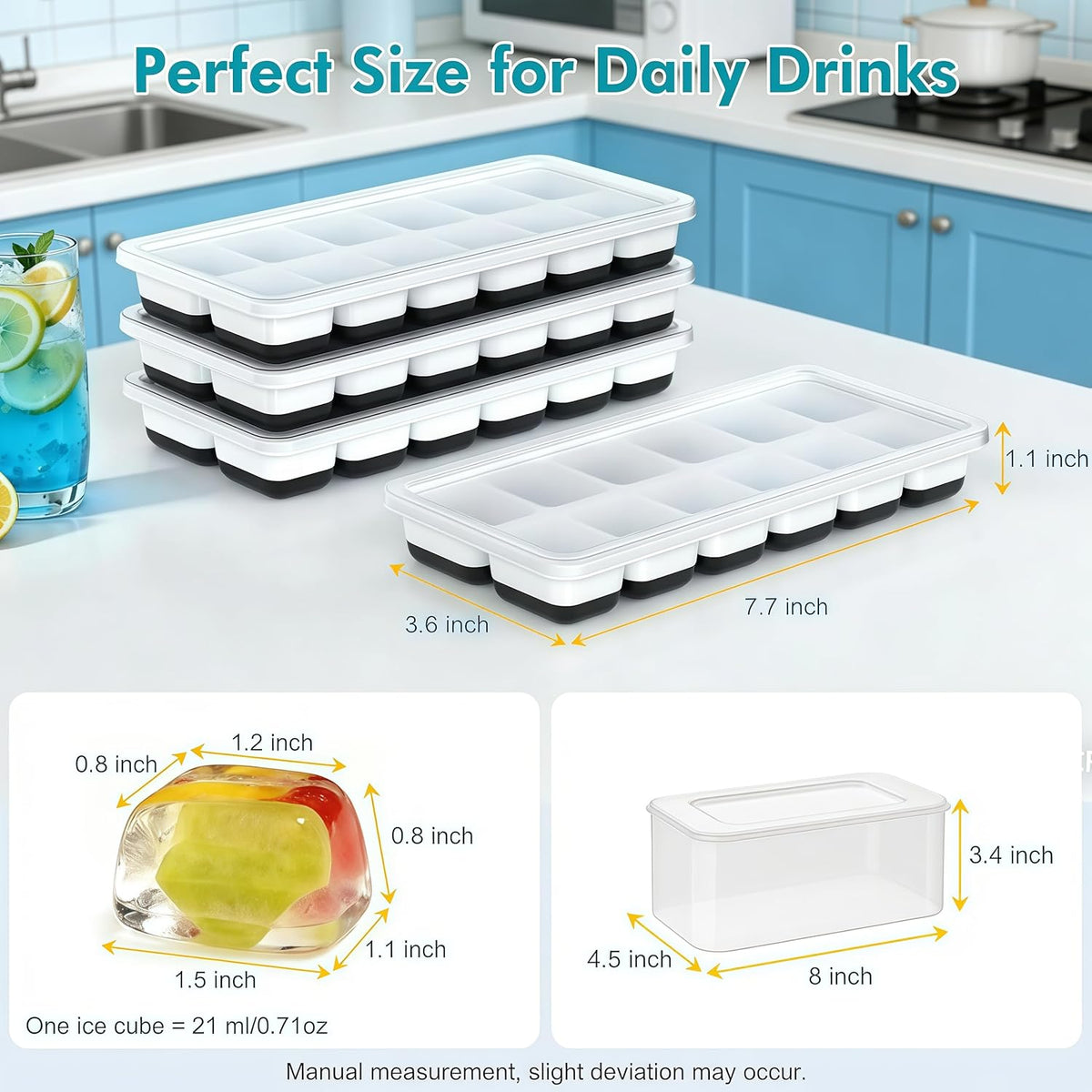 Asoricing Ice Cube Tray with Lid and Bin, 4 Pack Ice Trays for Freezer, Stackable Ice Bucket Kits with Storage Container for Kitchen, RV, Cocktail, Coffee (Black)