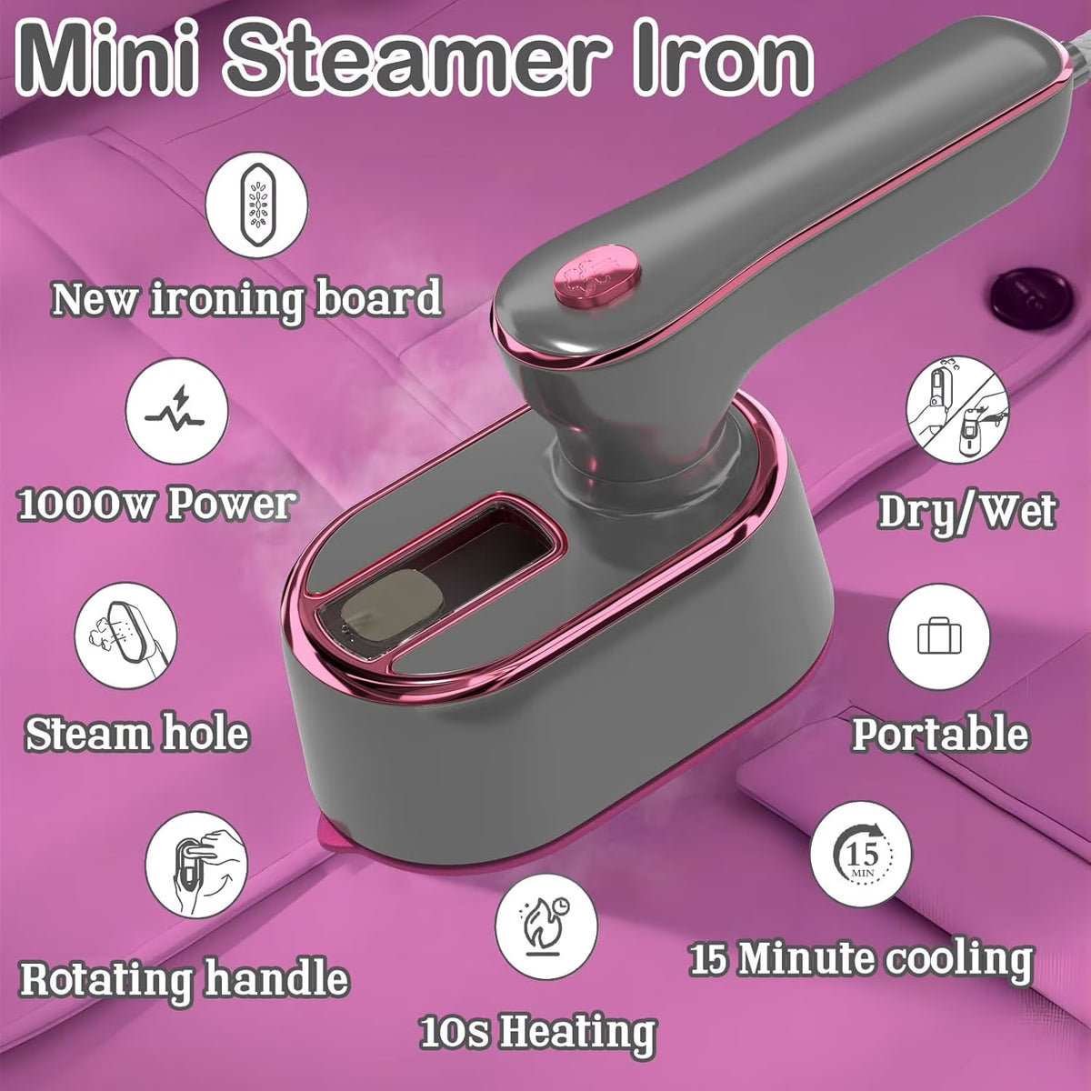 Asoricing Travel Steamer Iron for Clothes - Portable Ironing Machine Travel Small Size - Gray&Pink