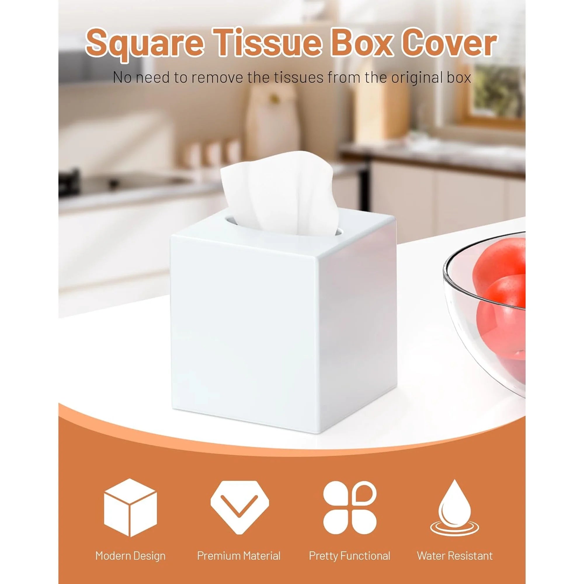 Asoricing Tissue Box Cover, Square Plastic Tissue Box Holder with Anti Slip Base, Modern Decor Facial Napkin Holder for Bathroom Vanity Countertop, Bedroom Dresser, White
