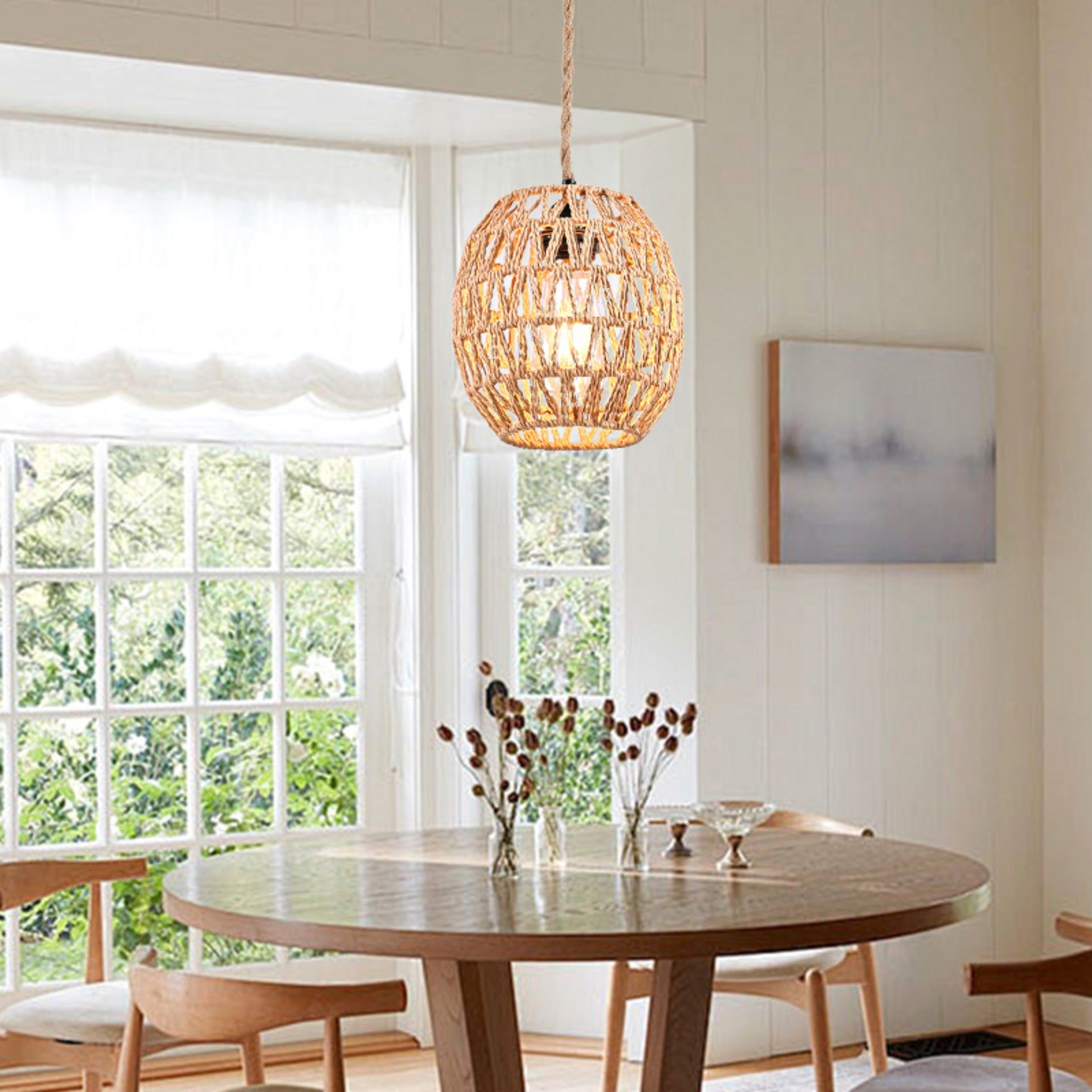 Asoricing Hanging Light Fixture Plug in, Hand Woven Rope Pendant Light for Kitchen Island, Cafe, Dining Room, Hallway, Retro Linen Hanging Lamp Kit with Plug-in Cord