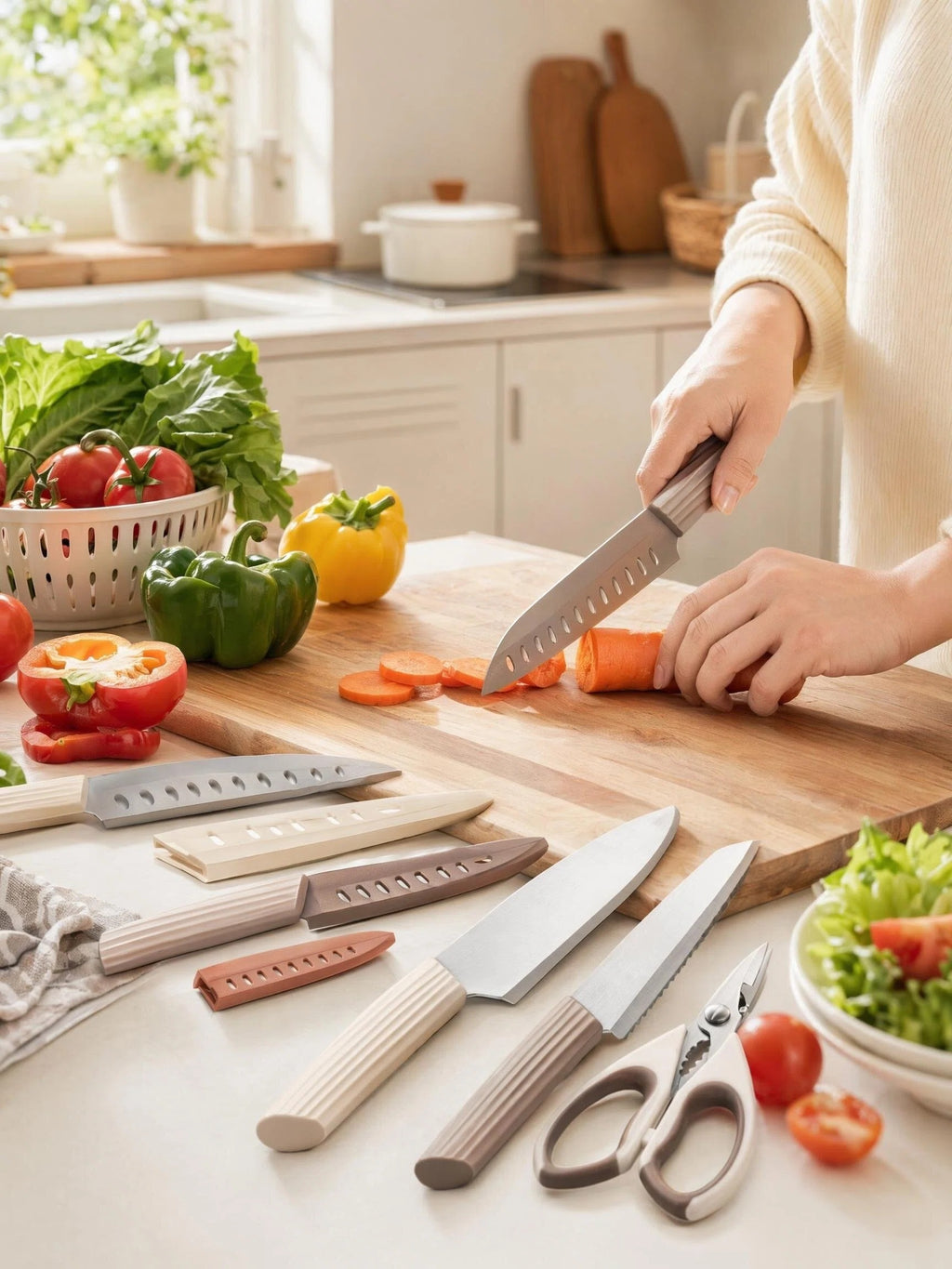 Asoricing Knife Set, Kitchen Utensils Set, Kitchen Essentials, with 6 Blade Guards, 13-Piece Set, PP Handle Anti-Slip, Sturdy and Durable