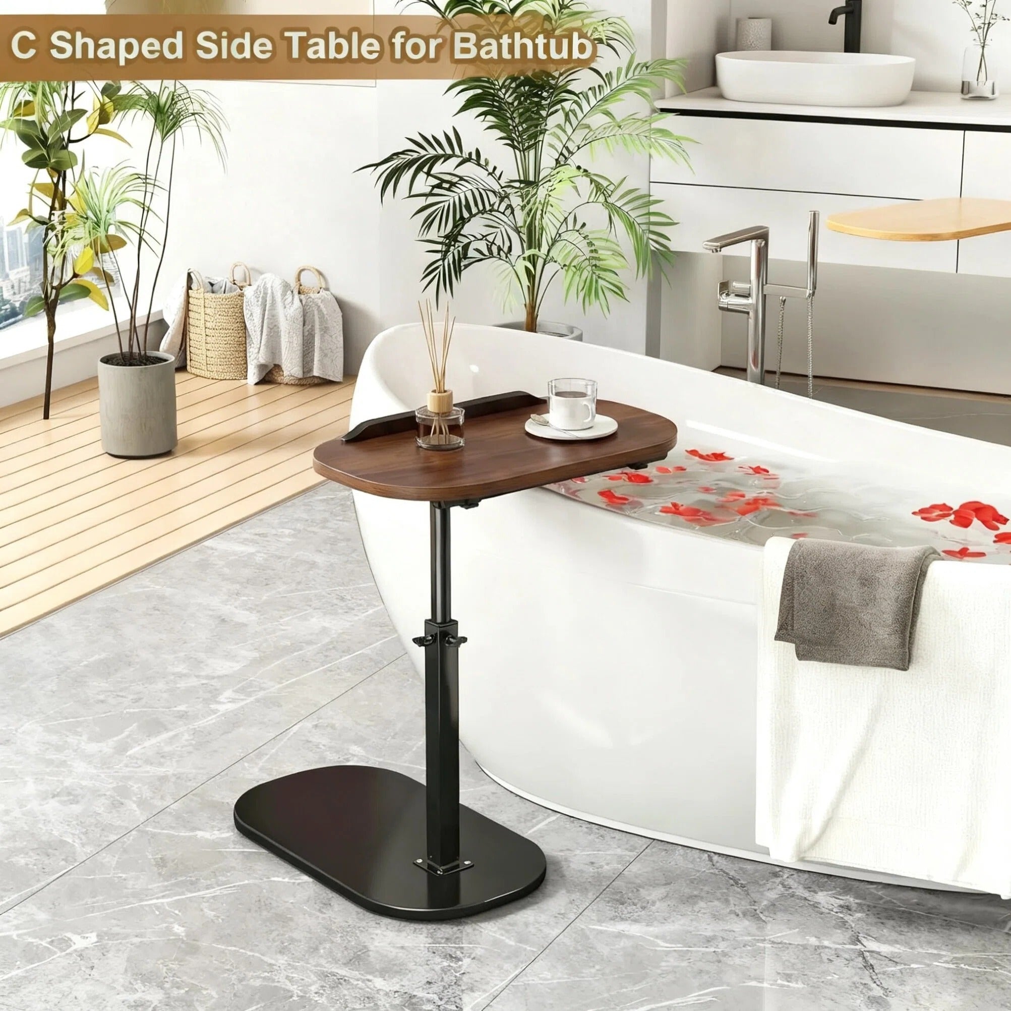 Asoricing C-Shaped Sofa Table, Swivel Side Table, Height Adjustable Couch Table for Bed & Living Room, Walnut & Black