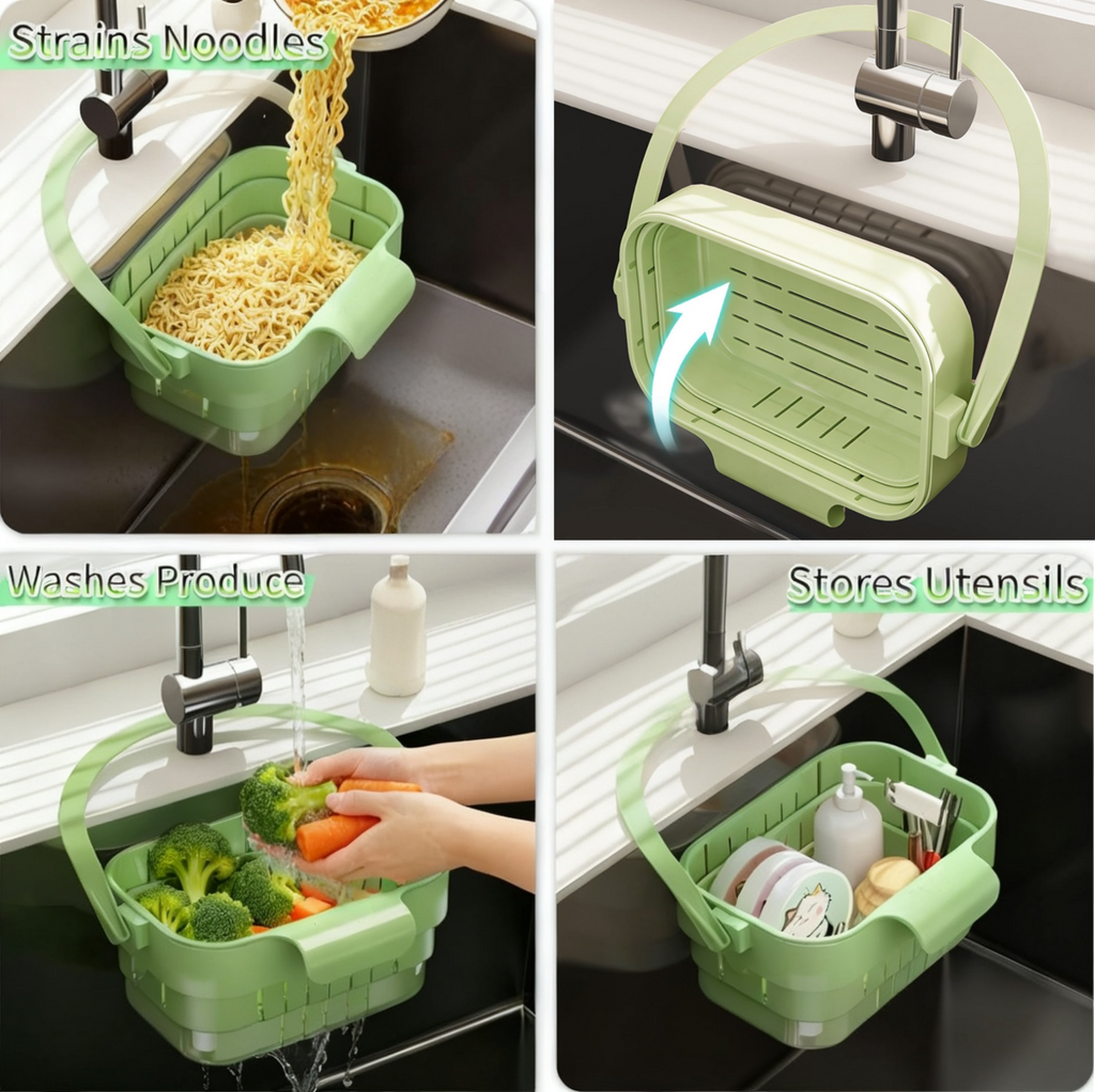 Asoricing Foldable Over-the-Sink Drain Basket, Extendable Hanging Colander Strainer for Kitchen Sink, Food Scrap Catcher & Fruit/Vegetable Rinse Basket, Space-Saving Green Drying Rack