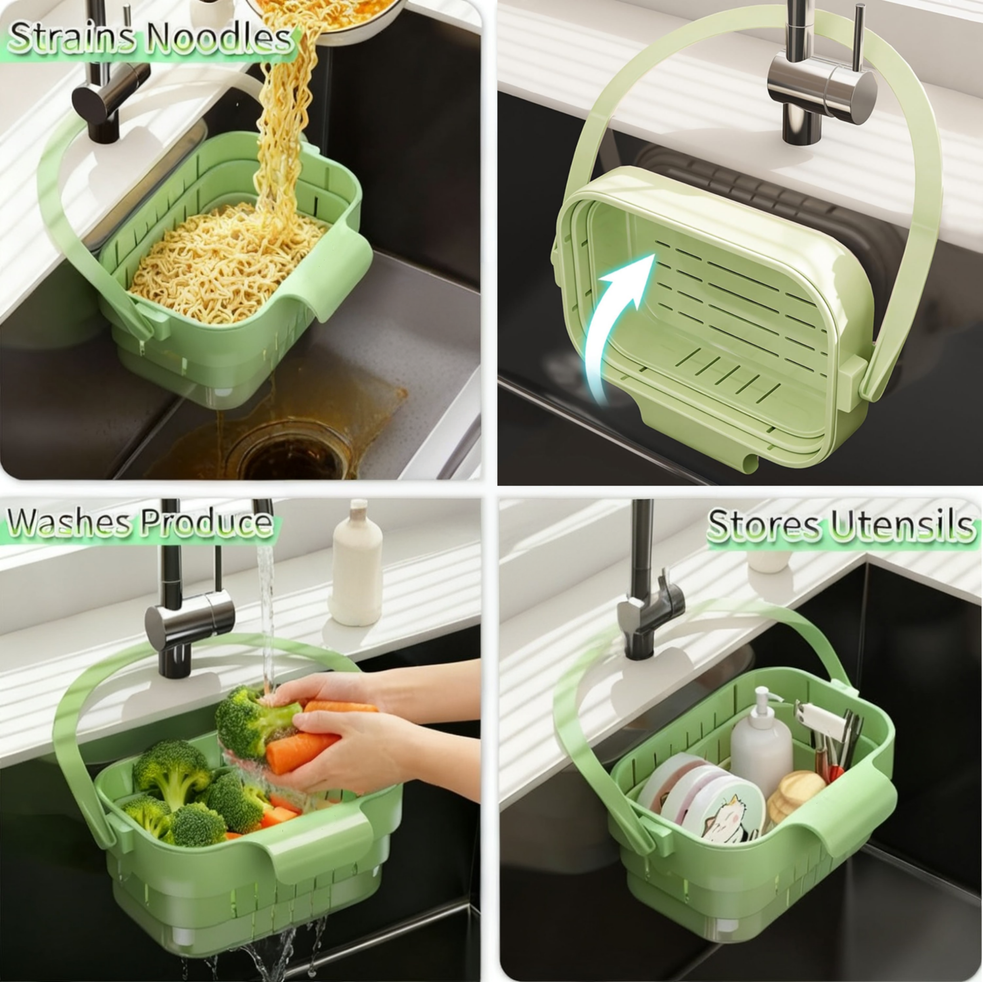 Asoricing Foldable Over-the-Sink Drain Basket, Extendable Hanging Colander Strainer for Kitchen Sink, Food Scrap Catcher & Fruit/Vegetable Rinse Basket, Space-Saving Green Drying Rack