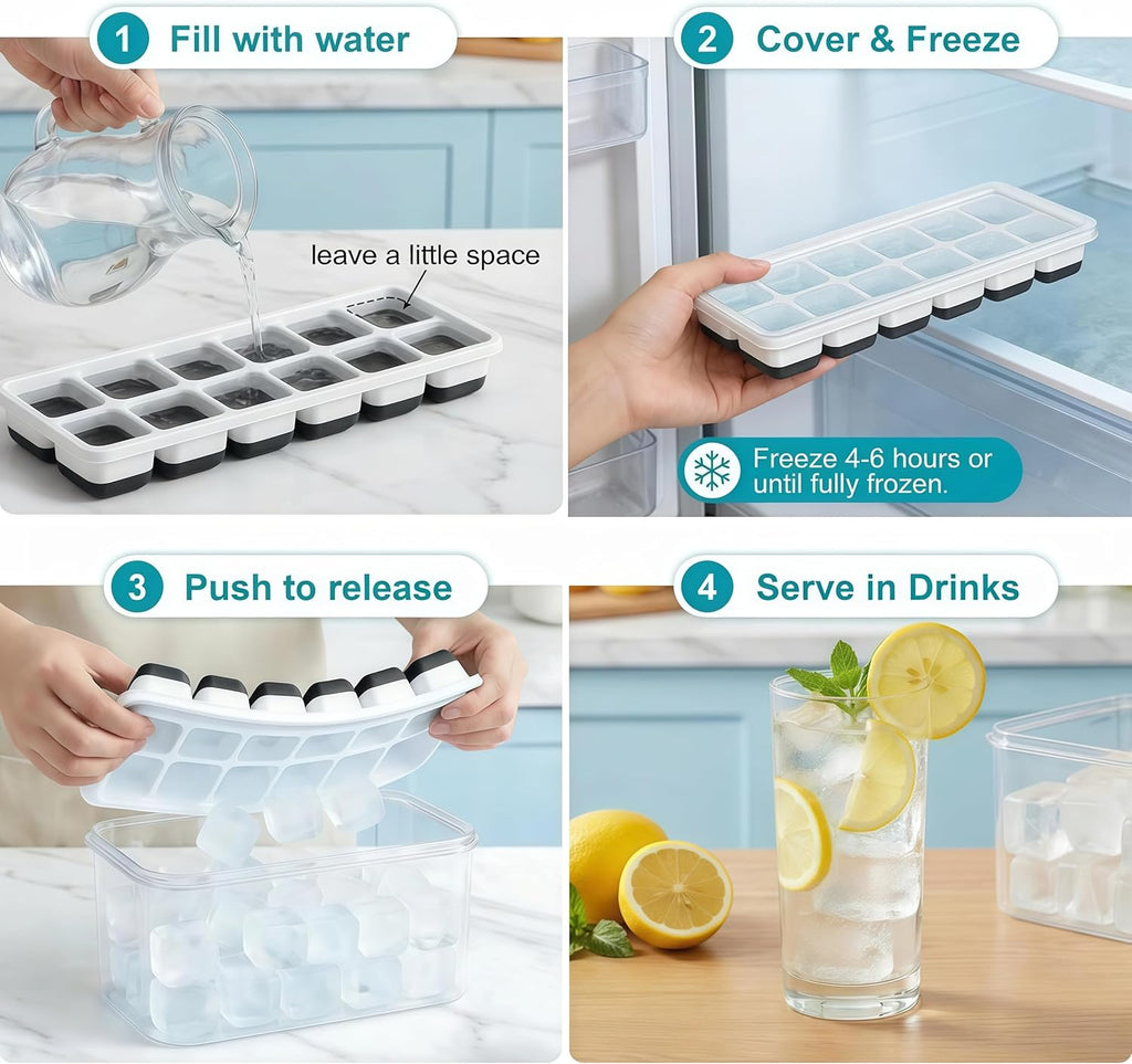 Asoricing Ice Cube Tray with Lid and Bin, 4 Pack Ice Trays for Freezer, Stackable Ice Bucket Kits with Storage Container for Kitchen, RV, Cocktail, Coffee (Black)