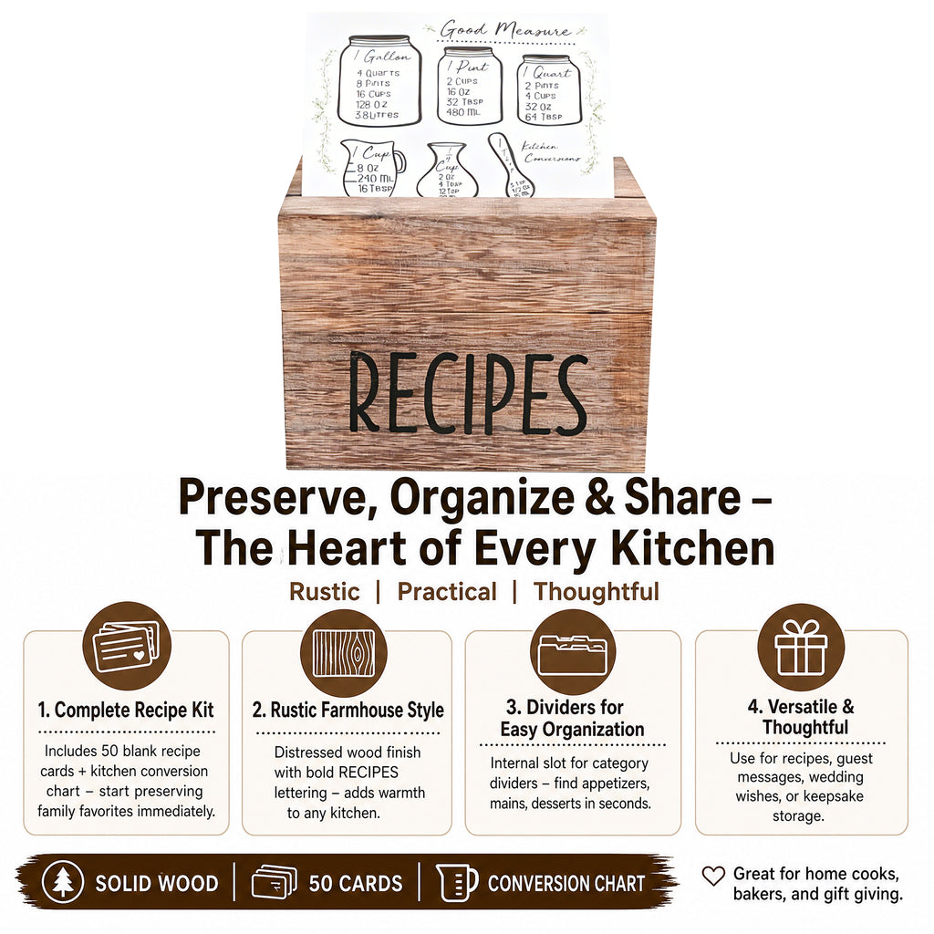 Asoricing Wood Recipe Box with 50 Recipe Cards, Rustic Wooden Recipe Box with Dividers and Conversion Card, Kitchen Counter Organizer