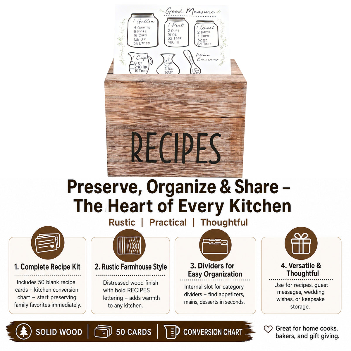Asoricing Wood Recipe Box with 50 Recipe Cards, Rustic Wooden Recipe Box with Dividers and Conversion Card, Kitchen Counter Organizer