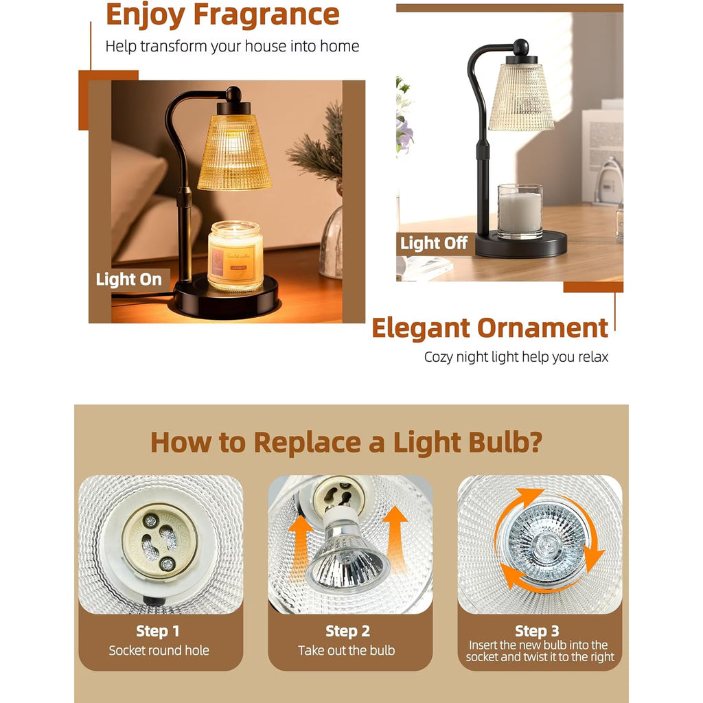 Asoricing Candle Warmer Lamp, Height Adjustable & Dimmable with 2/4/8H Timer, 2*50W Halogen Wax Melter Warmer for Home Office Décor, Flameless & Smokeless, Gift for Women Mom, Black-Amber