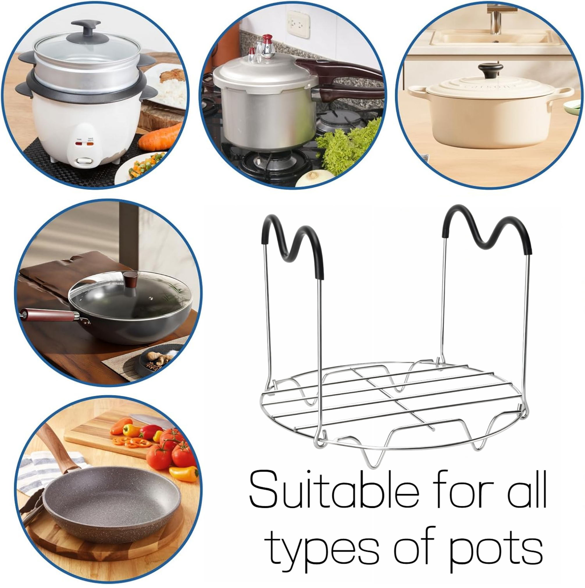Asoricing 7.7" Stainless Steel Steamer Rack with Silicone Handles, Wire Steaming Tray Trivet for Pressure Cooker, Instant Pot & Air Fryer, for Veggies, Eggs & Meat, Dishwasher Safe