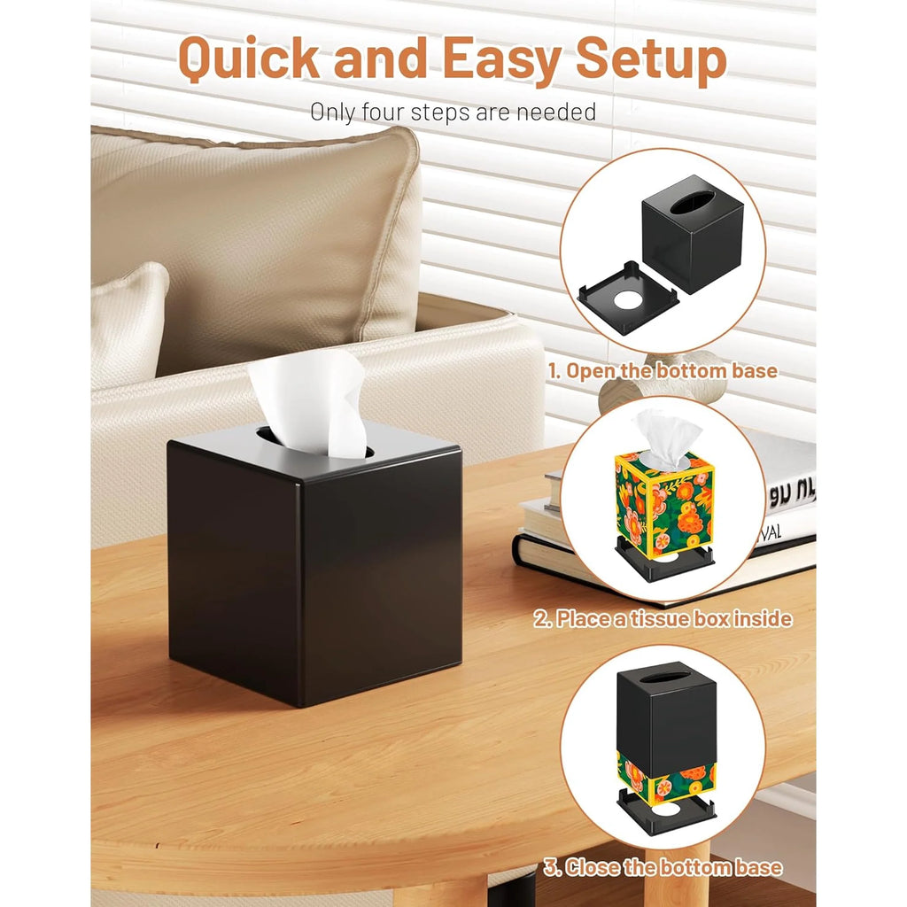 Asoricing Tissue Box Cover, Square Plastic Tissue Box Holder with Anti Slip Base, Modern Decor Facial Napkin Holder for Bathroom Vanity Countertop, Bedroom Dresser, Black
